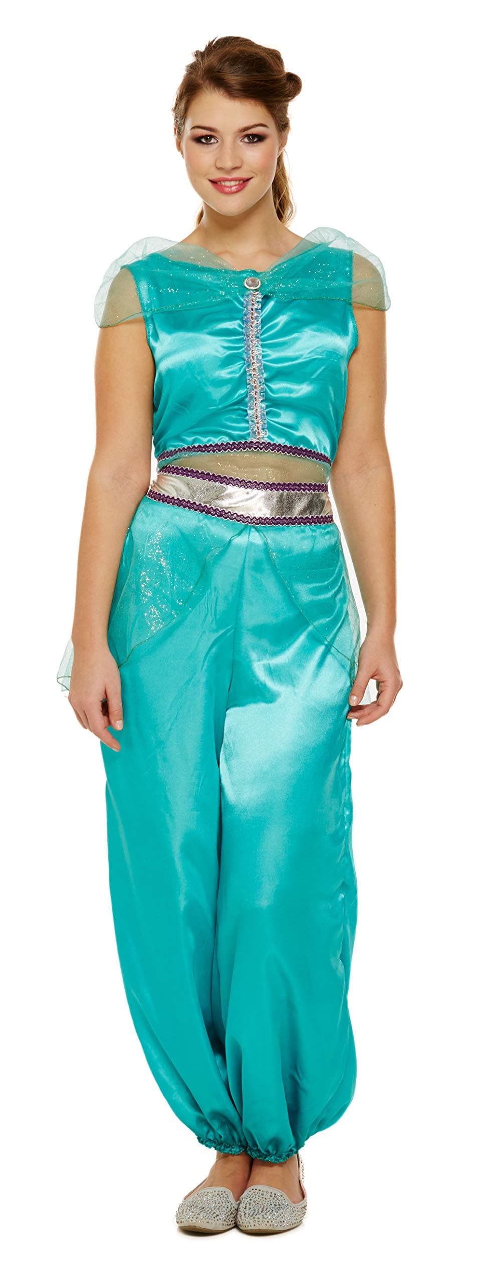 Emmas Wardrobe Arabian Princess Fancy Dress Costume Includes Blue Trousers, Blue Shorts and Blue Top with Gem - Arabian Costume or Genie Costume for Halloween - UK Sizes 6-12 (Women: 12, Blue)