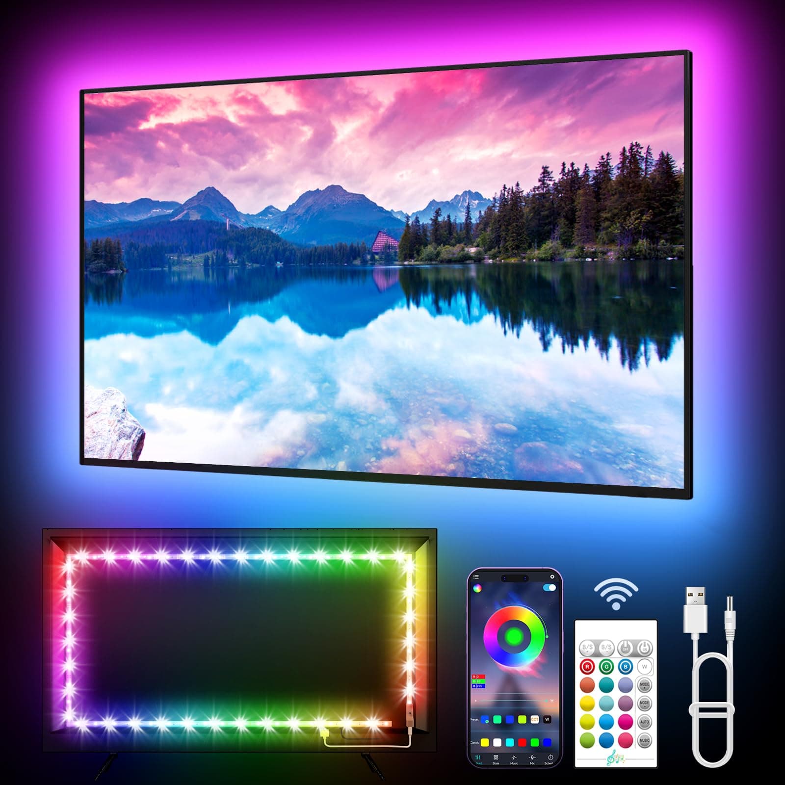 TV LED Lights, 3m LED Lights for 32-45 Inch TVs, RGB TV Backlight with Remote, Colour Changing Music Sync Bluetooth APP Control Strip Lights USB Powered for Bedroom Gaming Room Decor