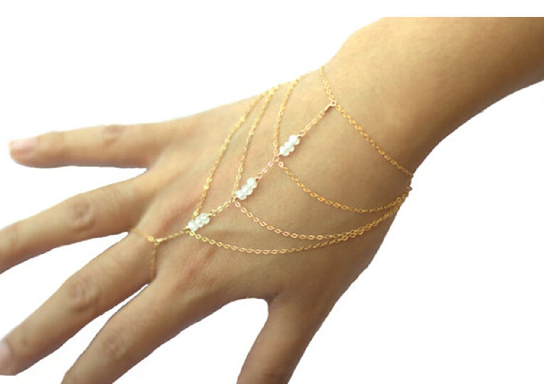 NC Celeb Celebrity Multi Chain Tassel Bracelet Bangle Slave Finger Ring Hand Harness Gold #11