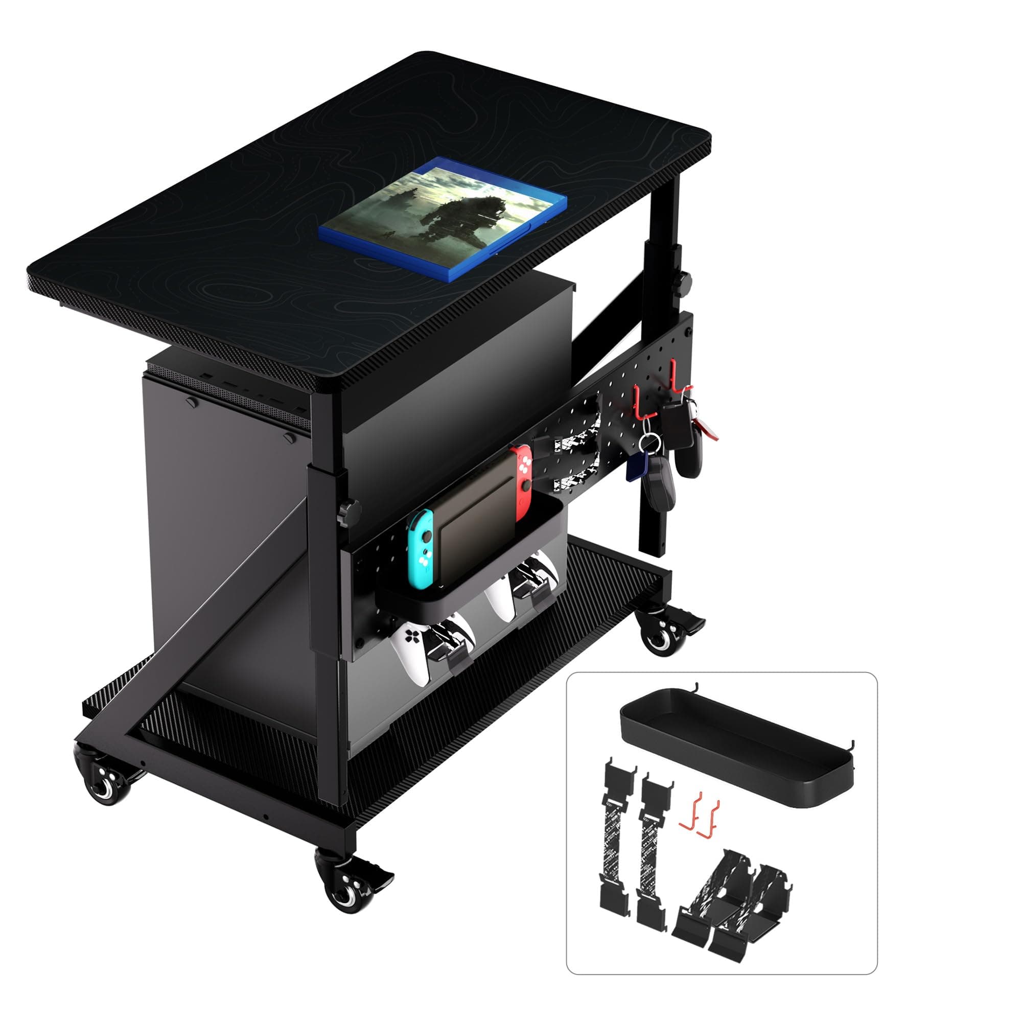 JWX Gaming Computer Tower Stand, 5-Step Height Adjustment Side Desk & Side Table with Power Organize, 2-Tier Case CPU Holder Gift Cart with Rolling Wheels, Upgrade Storage Kit *7 & Mouse Pad, Black