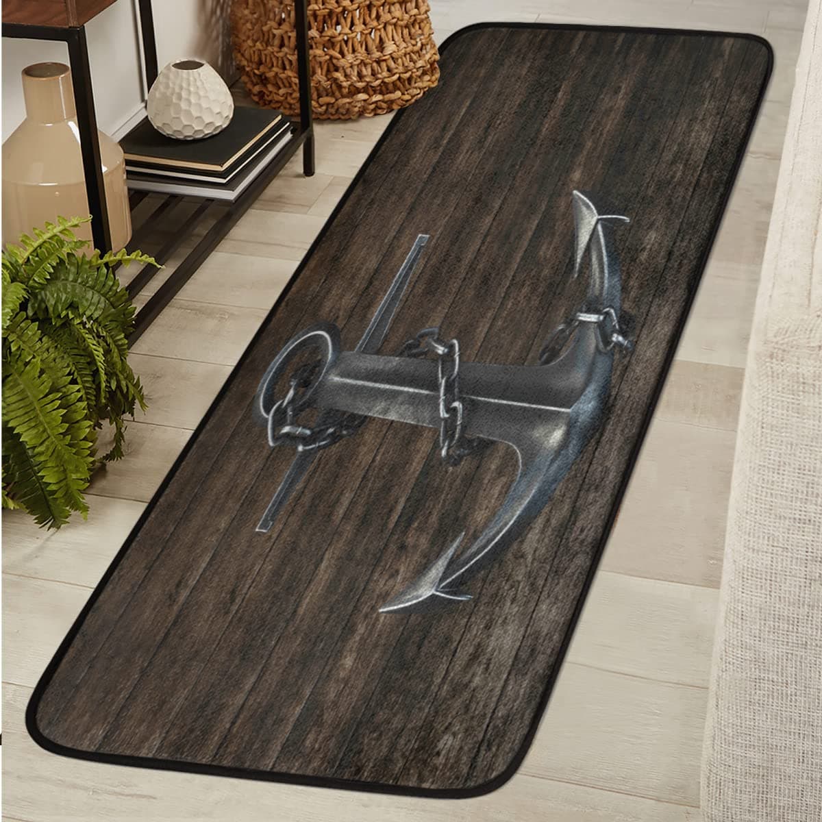 FZDXZJJ Vintage Beach Wooden Anchor Runner Rug 2 x 6 ft, Ocean Nautical Theme Hallway Entryway Rug Runner Carpet Non Slip Long Door Mat Indoor Outdoor Area Rug for Kitchen Bedroom Bathroom Room Patio