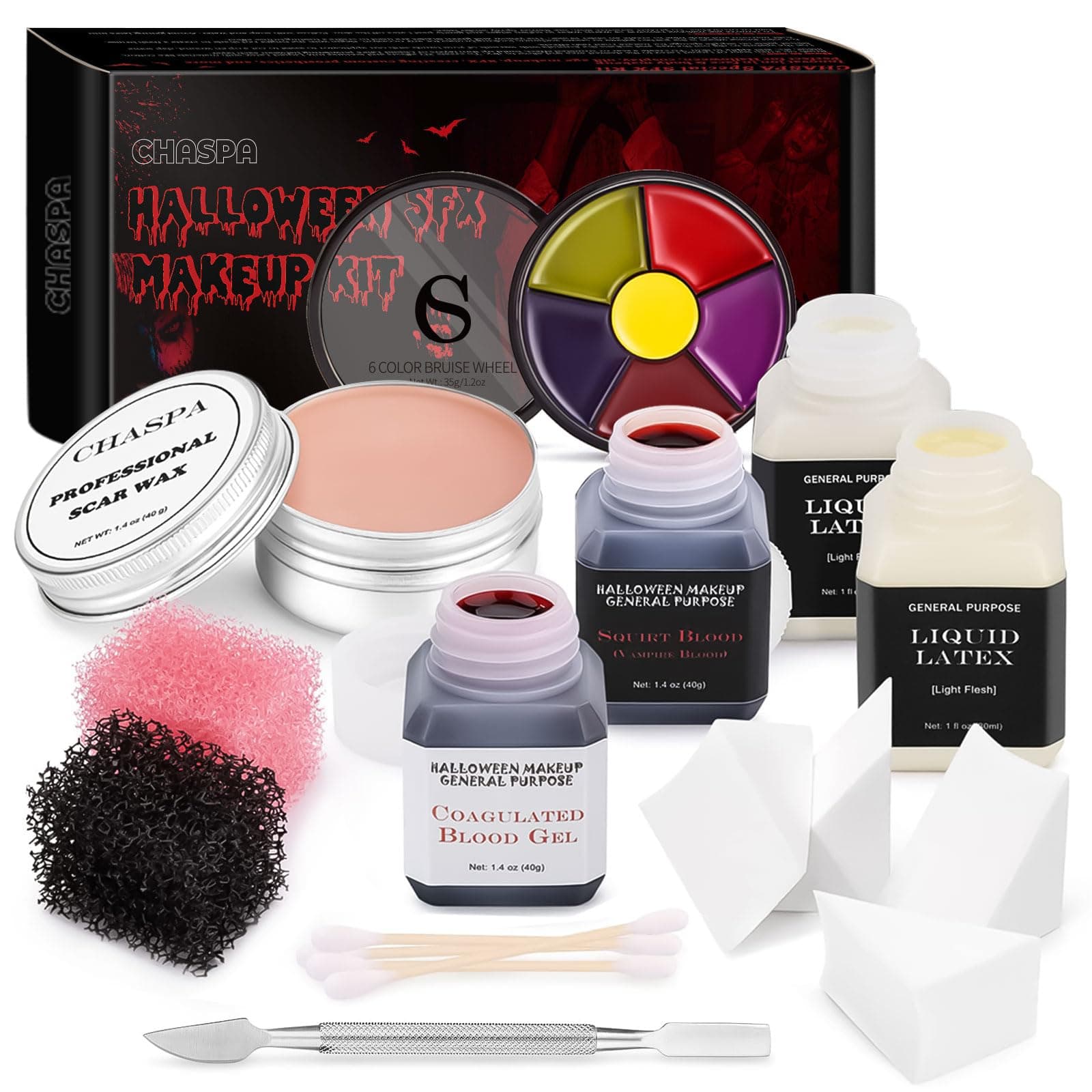 Halloween Liquid Latex Special Effects SFX Makeup Kit - Scar Wax + 2 Btl Liquid Latex + 2 Btl Fake Blood + Spatula Tool + 2Pcs Stipple Sponge + 4Pcs Makeup Sponges + Cotton Swabs