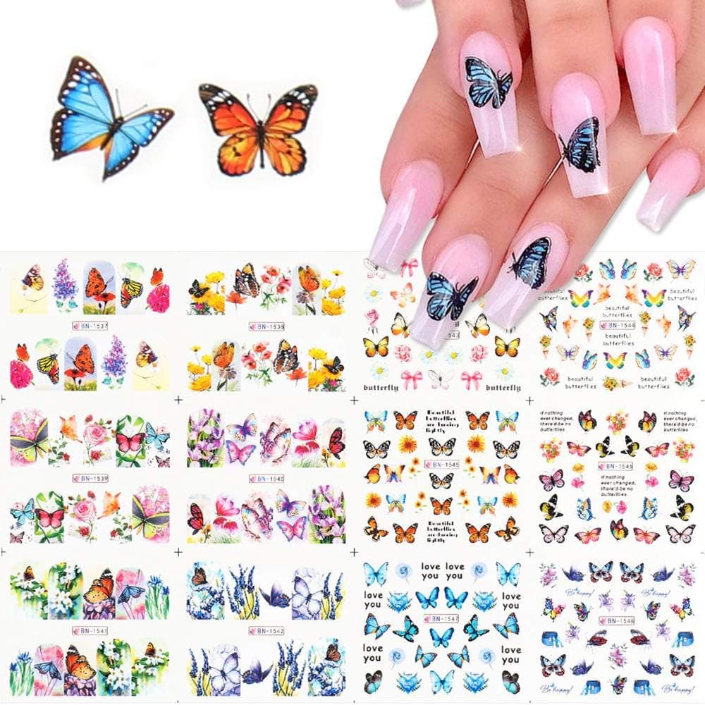BFY Butterfly Nail Art Decals Sticker Nail Butterfly Flower Design Stickers Holographic Butterfly Nail Art Manicure Transfer Tips Nail Art DIY Nail Art (12 Pcs)