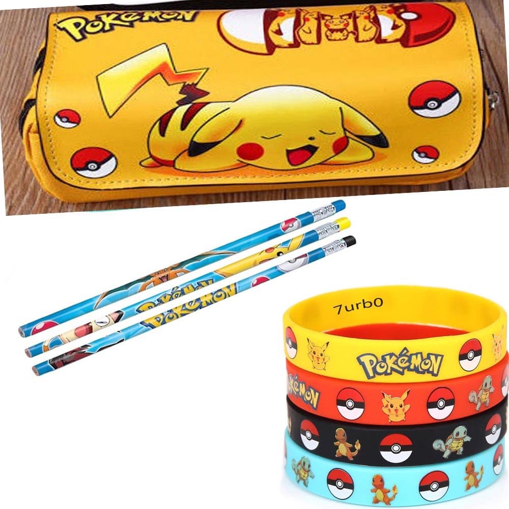 DEVALI Pokémon Pikachu Pencils + Large Capacity Pencil Case + Wristbands - Yellow