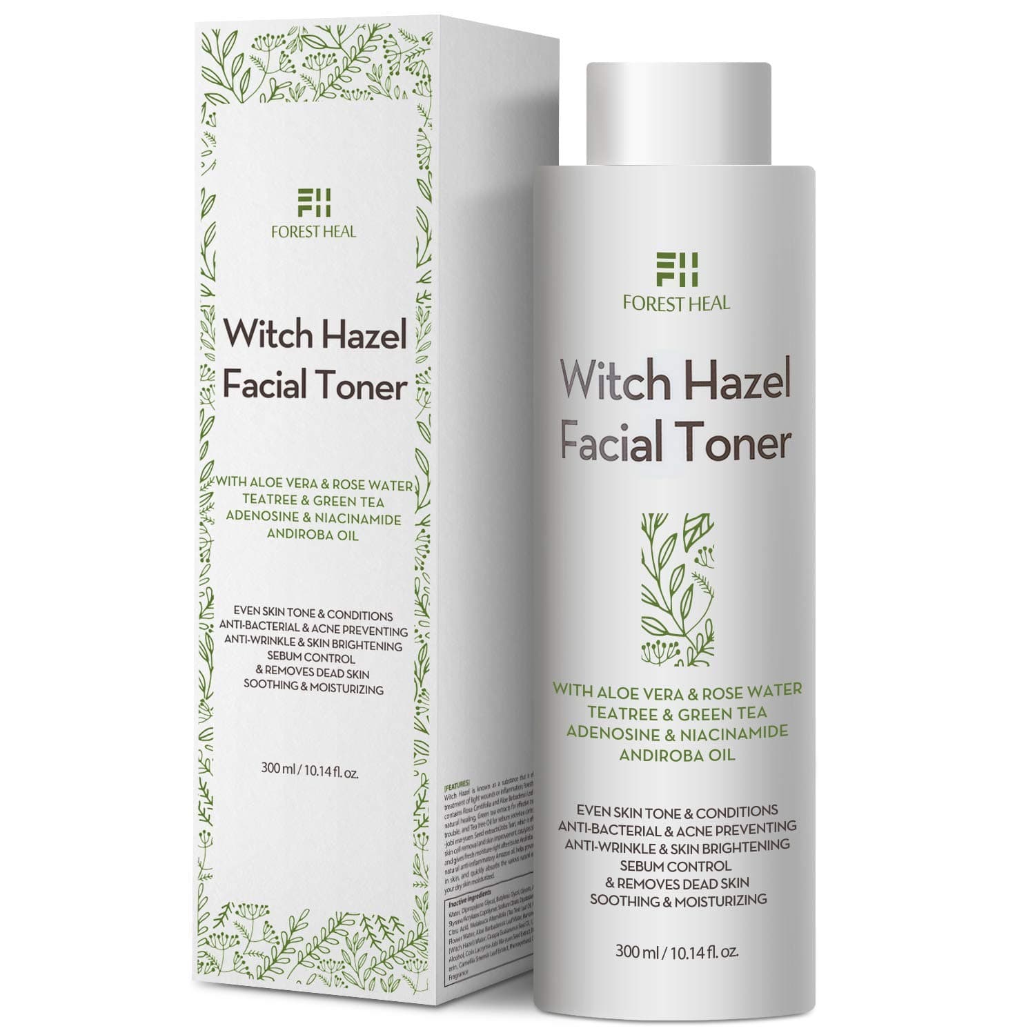 Natural Witch Hazel Face Toner - Alcohol Free with Aloe Vera, Rose Water, Green Tea - Forest Heal Unscented Natural Facial Toner and Moisturizer - Skin Toner 10.14 Oz / 300 mL¡¦