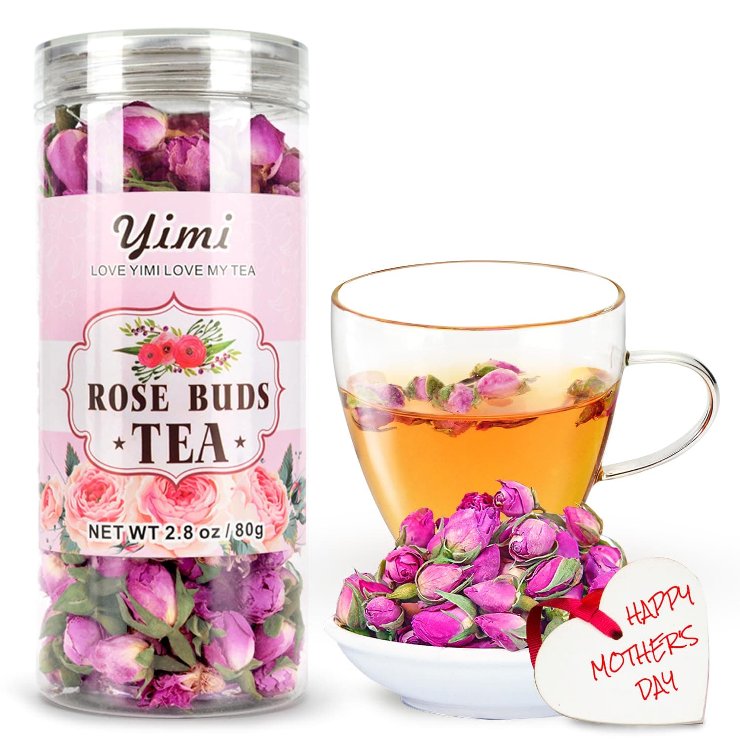 Yimi Rose Buds Tea, Whole Edible Dried Roses Loose Leaf Flowers, Floral Herbal Tea Beverages, Ideal Gift for Mother's Day, 2.8 Oz