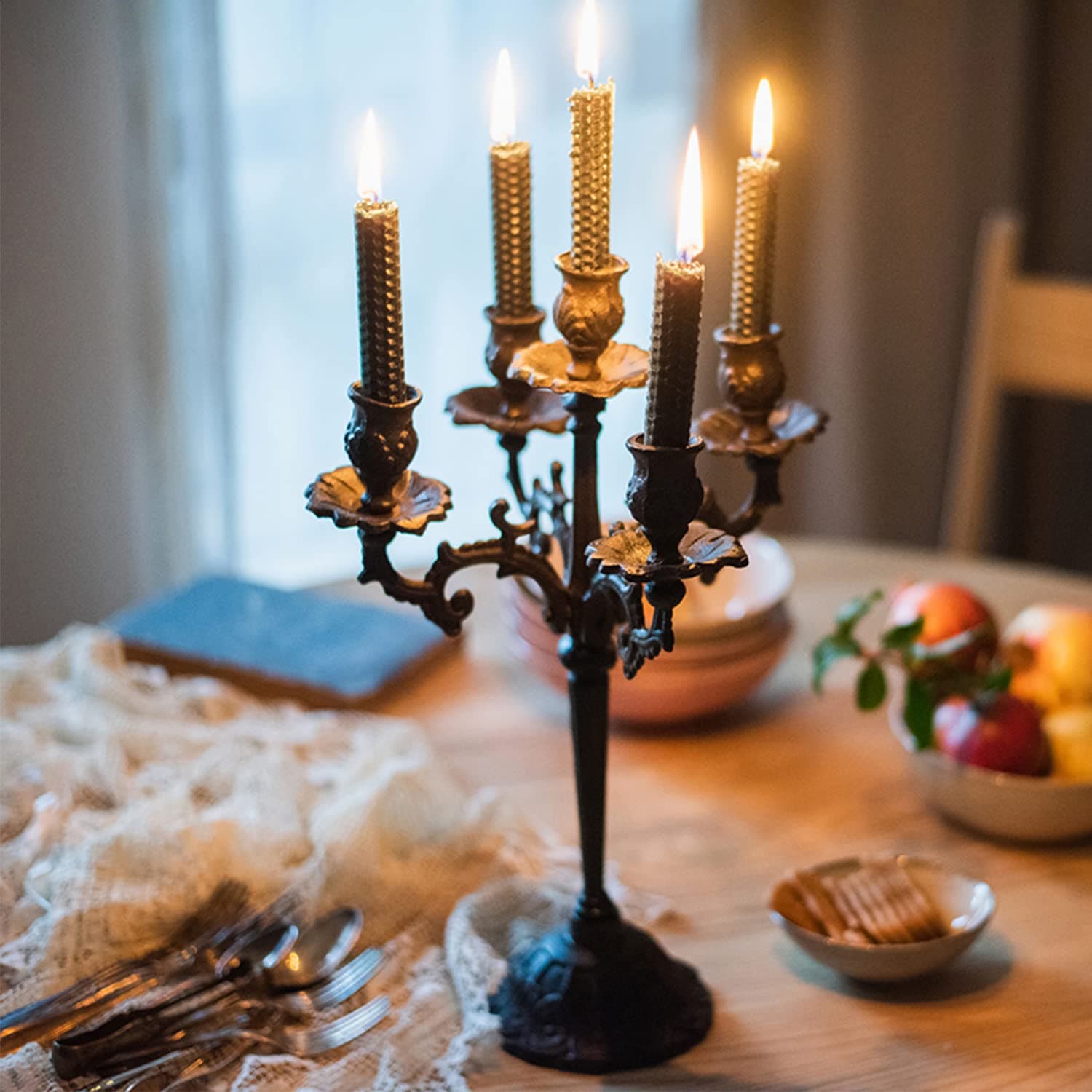 Sungmor Cast Iron 5 Arms Candelabra, 27 Inch Tall Black Metal Candlestick Holders, Decorative Candle Holders for Table Centerpiece, Vintage Candle Stand for Wedding Party Festival