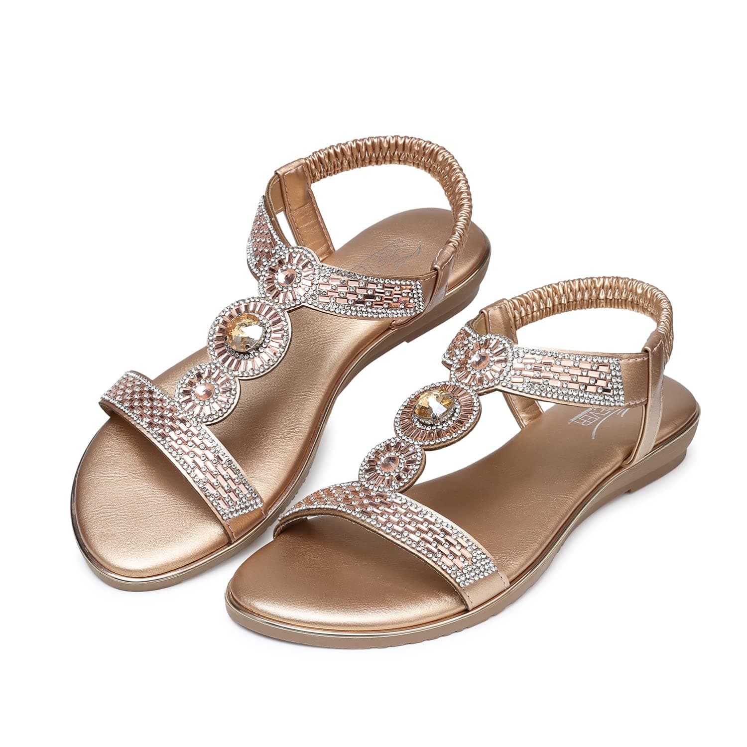 SHIBEVER Sandals Women Dressy Summer: Dress Ankle Strap Rhinestone Flats Bling Woman Beach Fancy Sandal Casual Open Toe