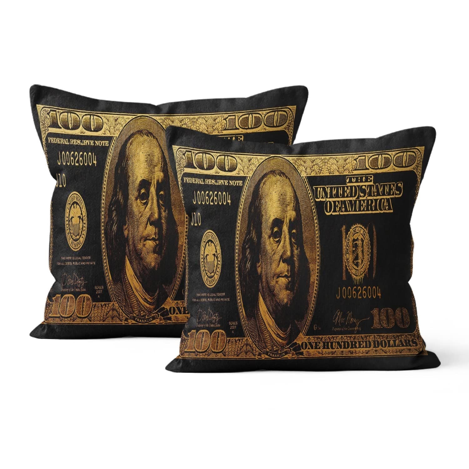 Black Gold Money Dollar Bill Throw Pillow Cover 100 Hundred Dollar Bill Decorative Pillow Case Home Decor Square Set of 2 18"x18" Pillowcase Hotel,Cafe,Sofa Throw Pillow Case Cushion Cover