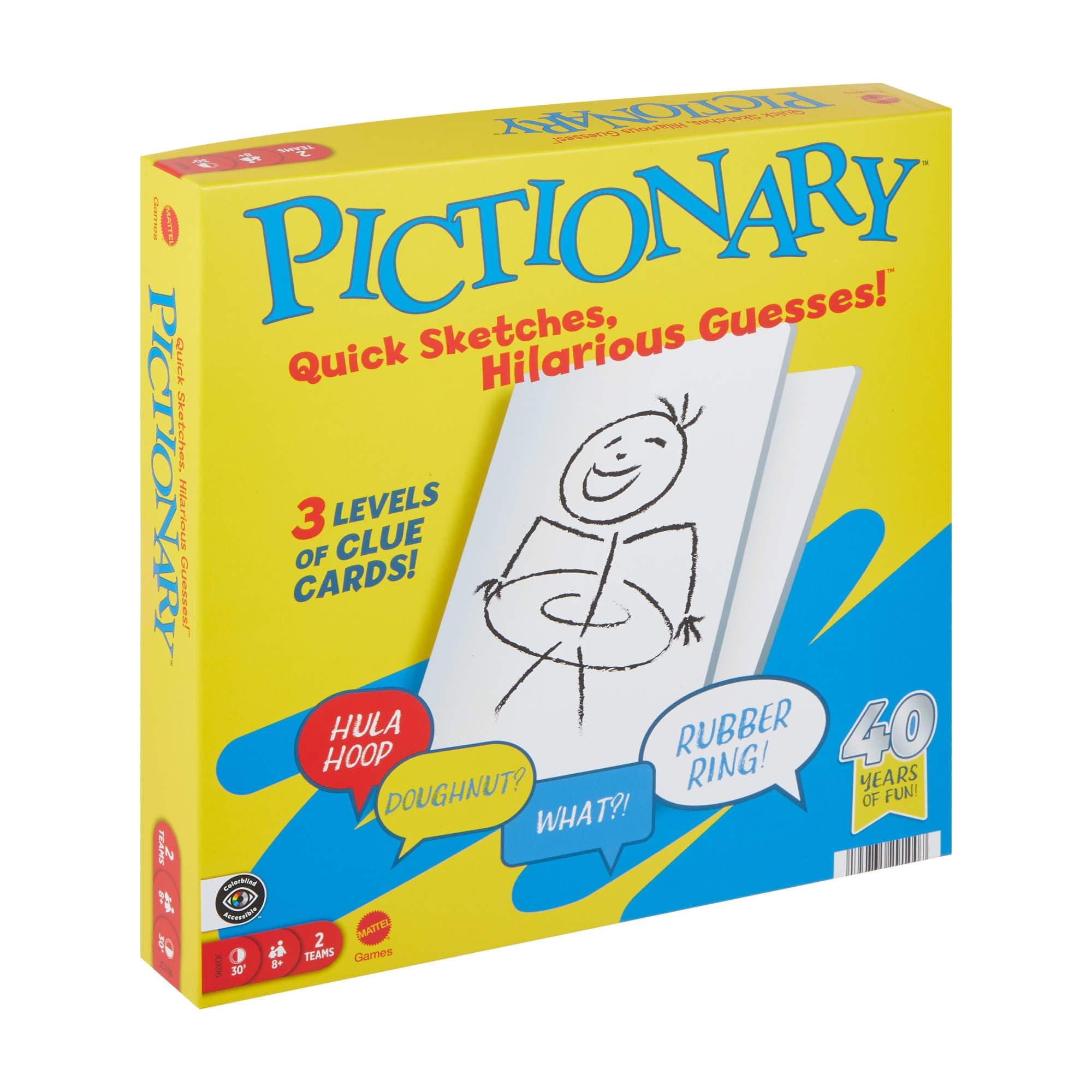 Mattel Games Pictionary Family Board Game for Kids, Adults and Game Night for 2 Teams with Erasable Markers, Boards and Sand Timer, JDX96