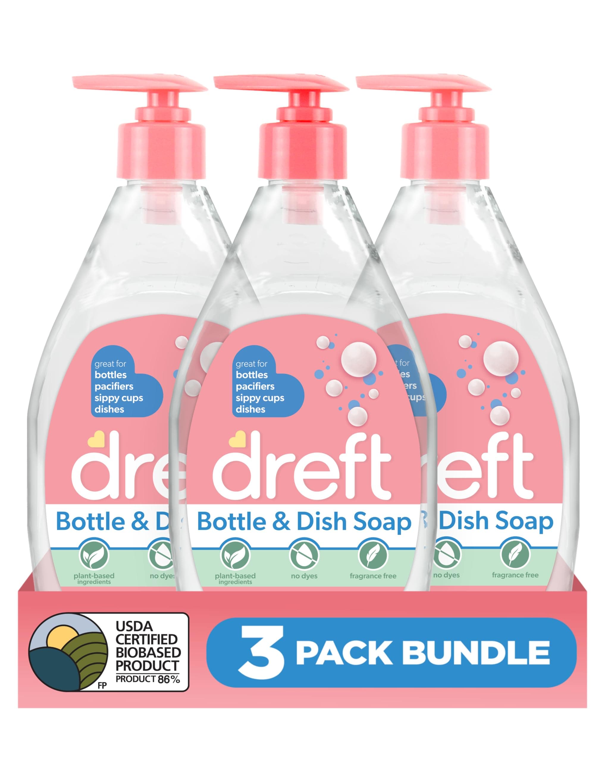 Dreft Baby, Bottle and Dish Soap, Removes Milk Film & Odor, Plant Based, Fragrance Free, 18 Fl Oz (Pack of 3, 54 Total Ounces)