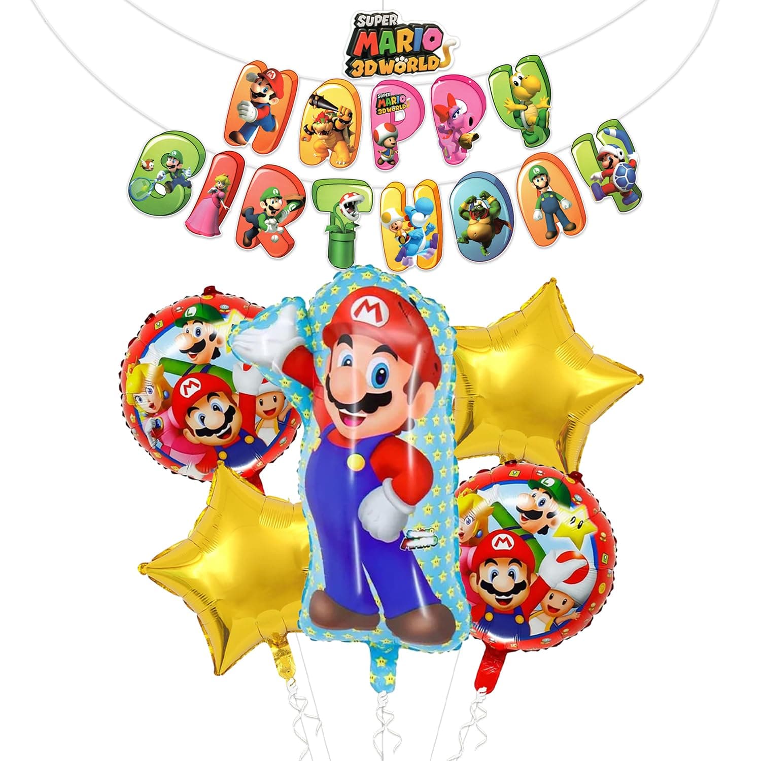 Rozi Decoration Mario Theme Happy Birthday Banner and Super Mario Foil Balloons Combo Set of 6 Pieces for Girls, Boys, Kids Mario Video Game Theme Birthday Decorations Party Supplies