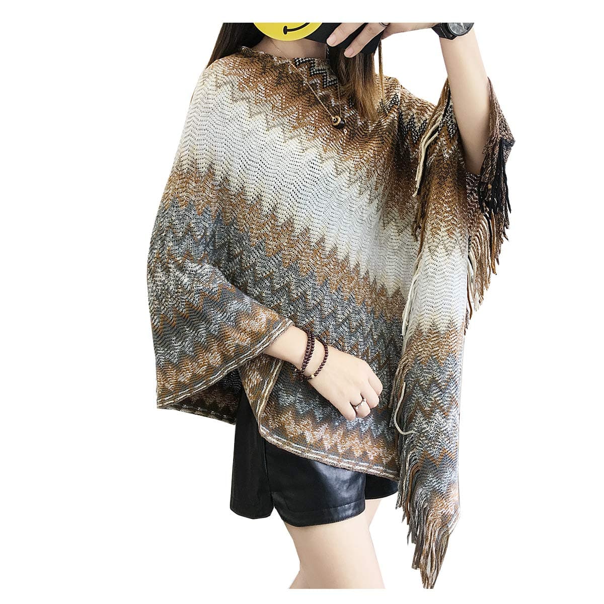Siehin Women National Geometric Cloak Tassels Shawl Knit Pullover Cape Long Shawl Casual Poncho
