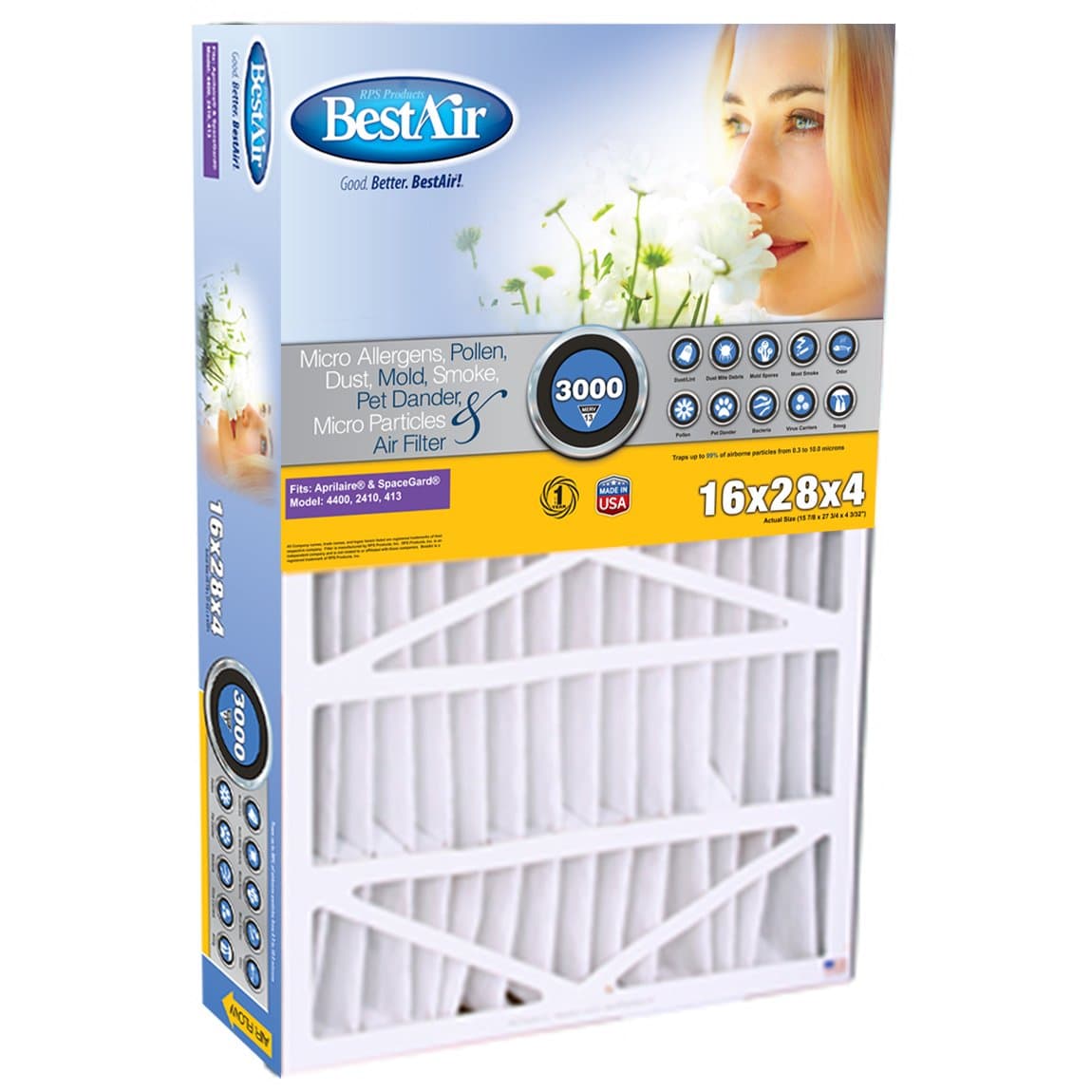 BestAir SG413-BOX-13R AC Furnace Air Filter, 16" x 28" x 4", MERV 13, Removes Allergens & Contaminants, Fits 100%, for Aprilaire/SpaceGard Models, Pack of 1