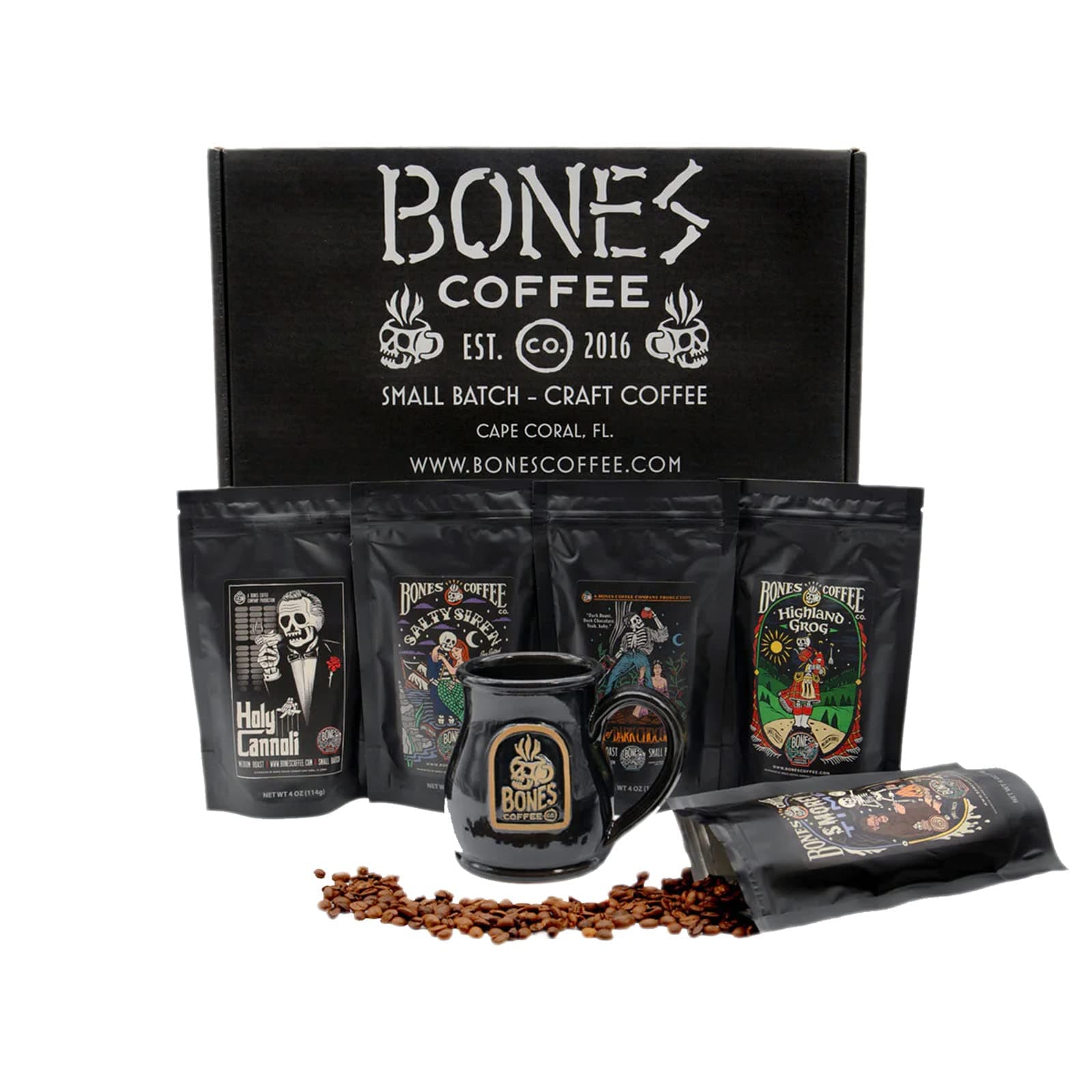 Bones Coffee Company Favorite Flavor Sample Pack with Specialty Mug | Pack of 5 Assorted Flavor Ground Coffee Beans | Medium Roast Coffee Beverages (Ground)