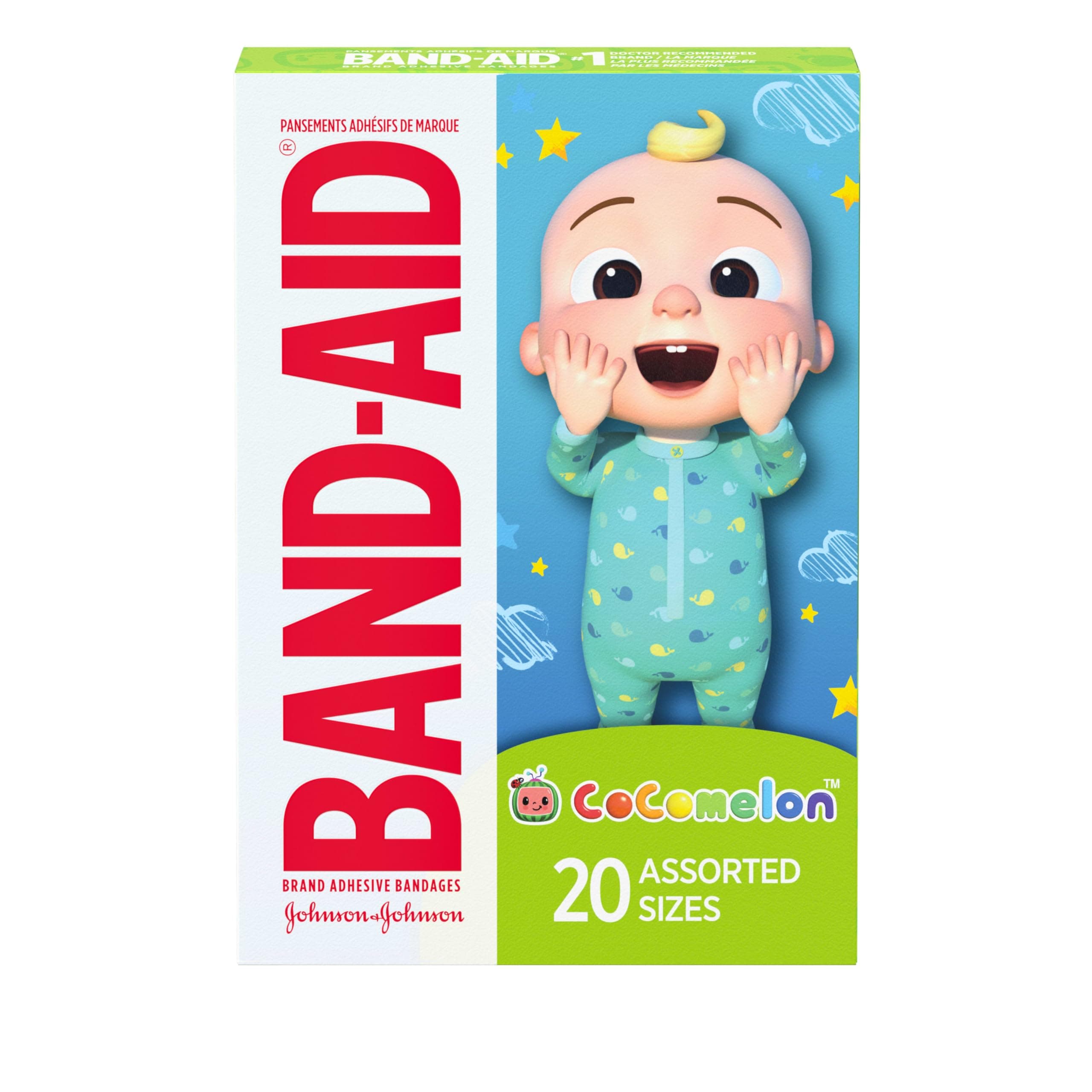 Brand Adhesive First Aid Bandages for Kids & Toddlers Featuring Moonbug CoComelon Characters, Sterile Individually Wrapped Bandages for Minor Cuts & Scrapes, Assorted Sizes, 20 Ct