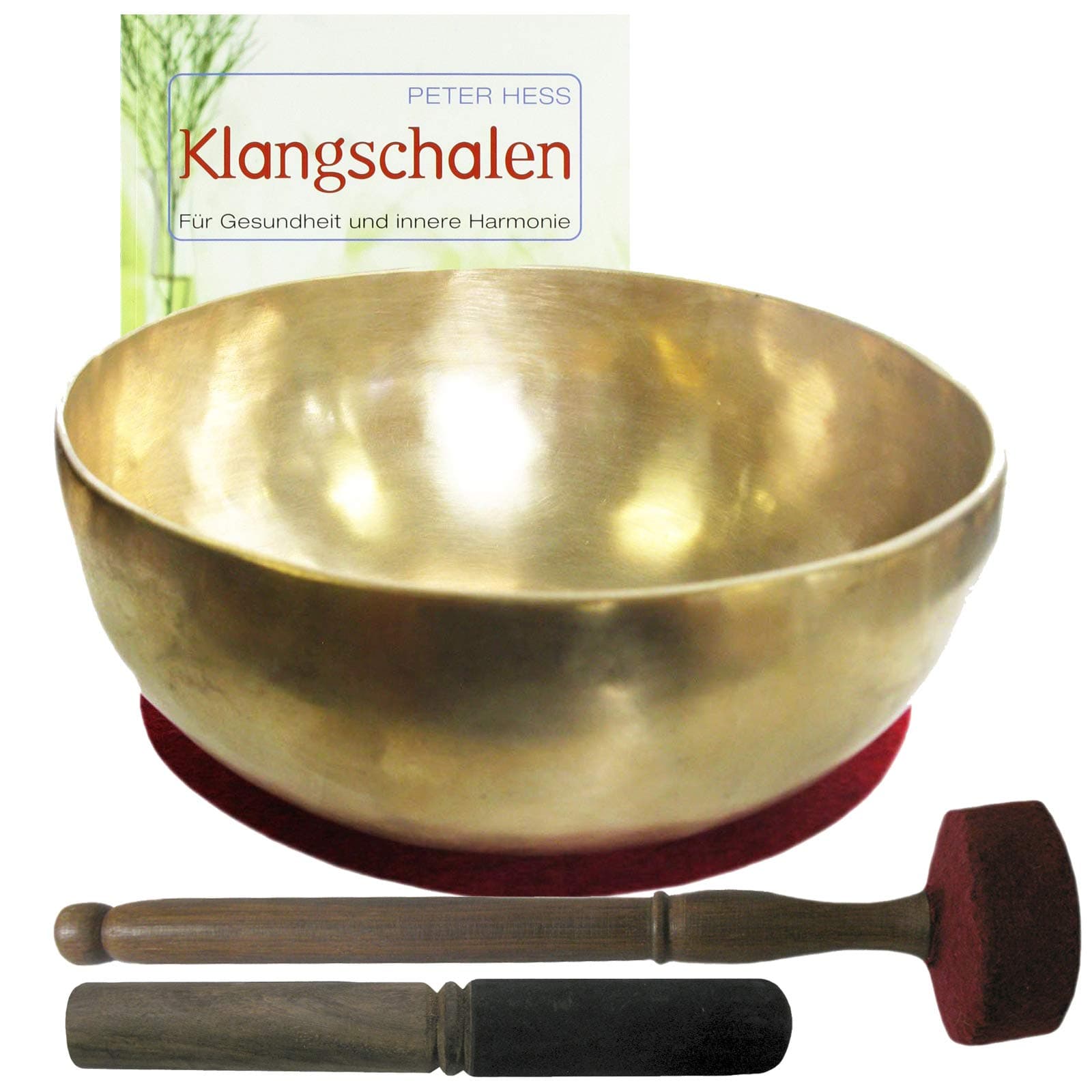 Peter Hess Singing Bowl Nepal Himalaya Singing Massage Set with Four Pieces and Book | Therapy Quality: Large Heart Bowl Light Colour | Approx. 1300 g 20 – 22 cm Diameter # 70189 | with Cushion/Leather Clapper.