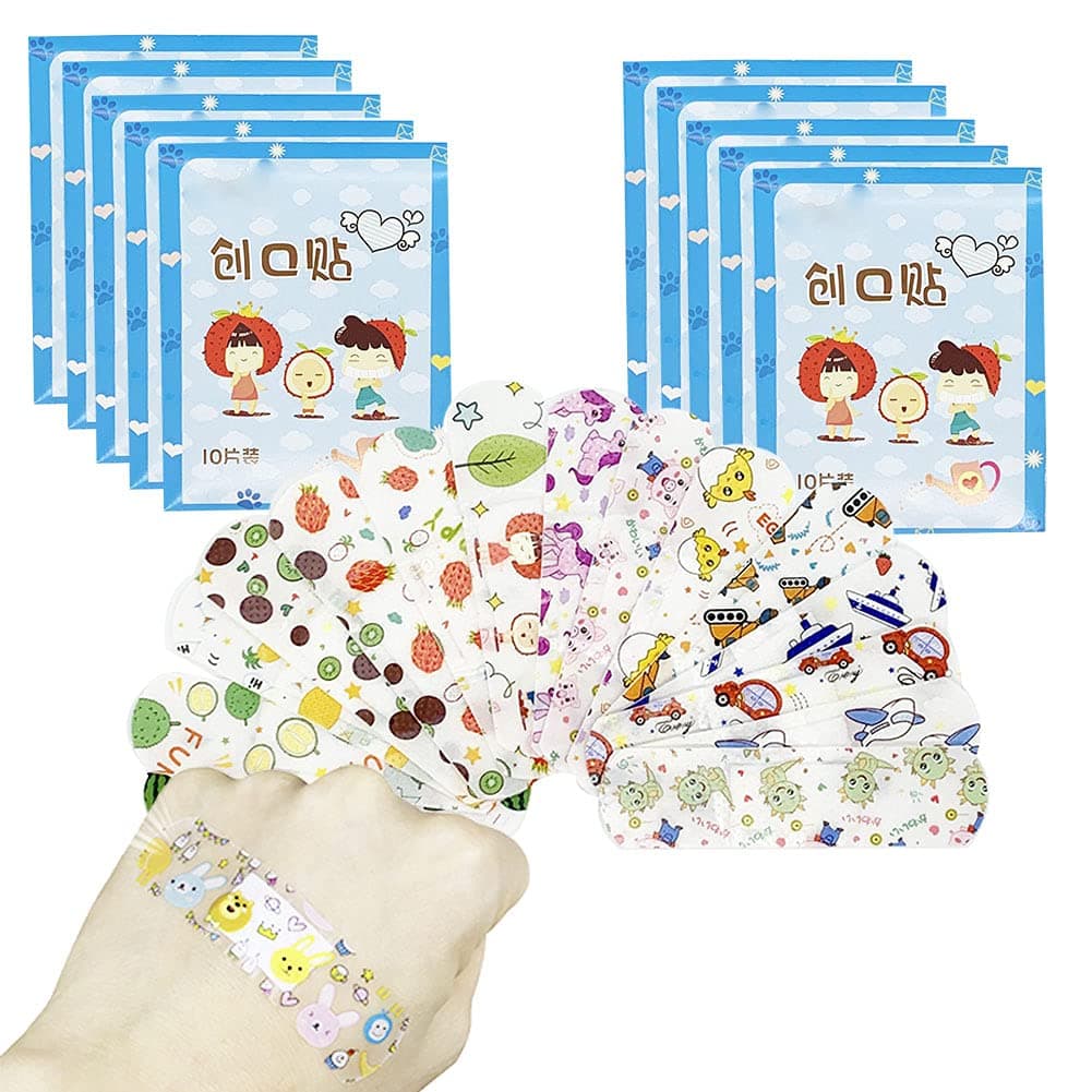 100PCS Transparent Cartoon Bandages 10 Different Patterns Fabric Adhesive Bandages Breathable First Aid Emergency Kit for Kids Blue Cartoon Package