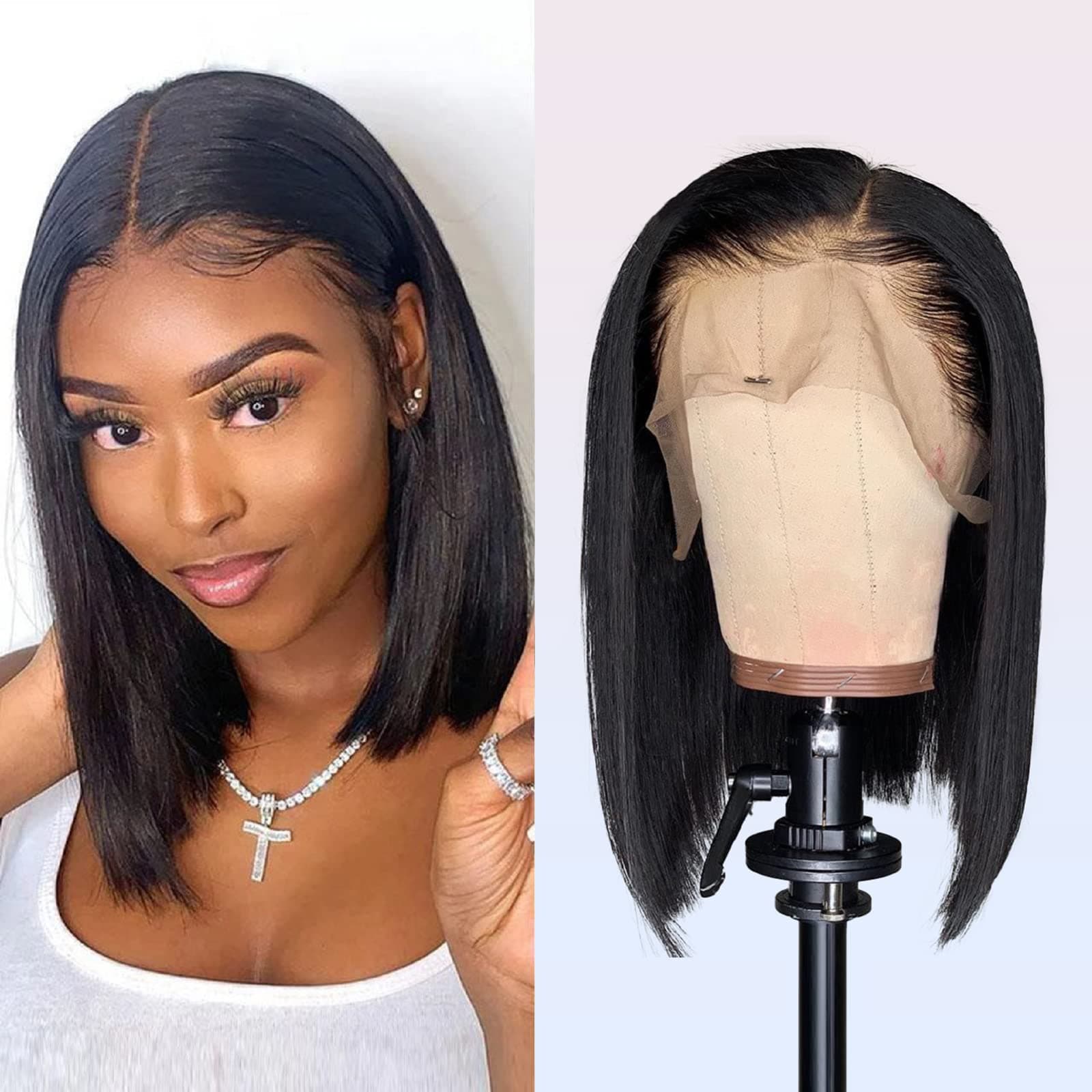 Short Straight Bob Wigs Human Hair 13x4 Lace Front Wigs for Black Women 130% Density Pre Plucked with Baby Hair Natural Black Color 14 Inch