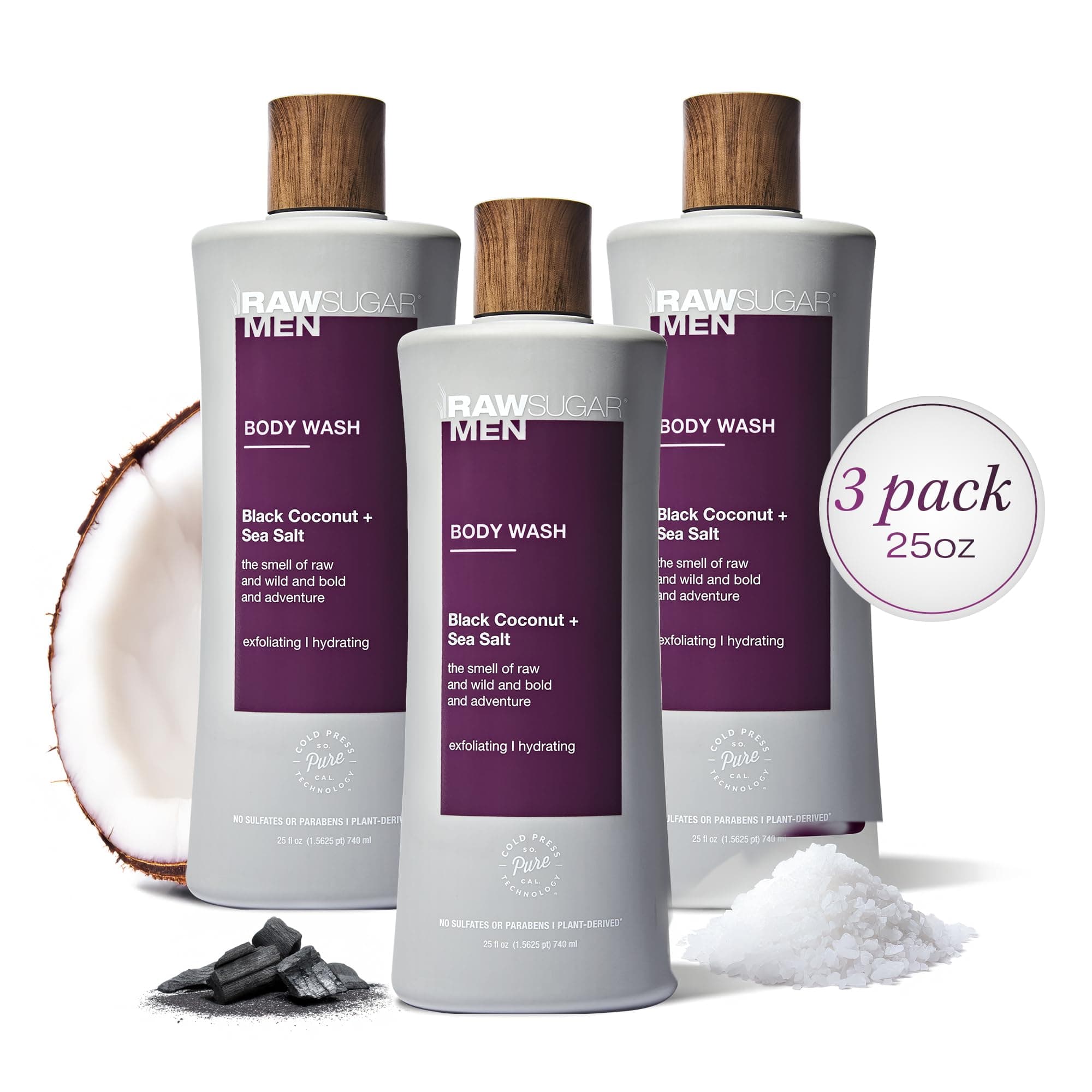 RAW SUGAR 3-Pack Body Wash Men - Black Coconut + Sea Salt Exfoliating and Hydrating Body Wash, Formulated without Parabens, Cruelty Free and Vegan