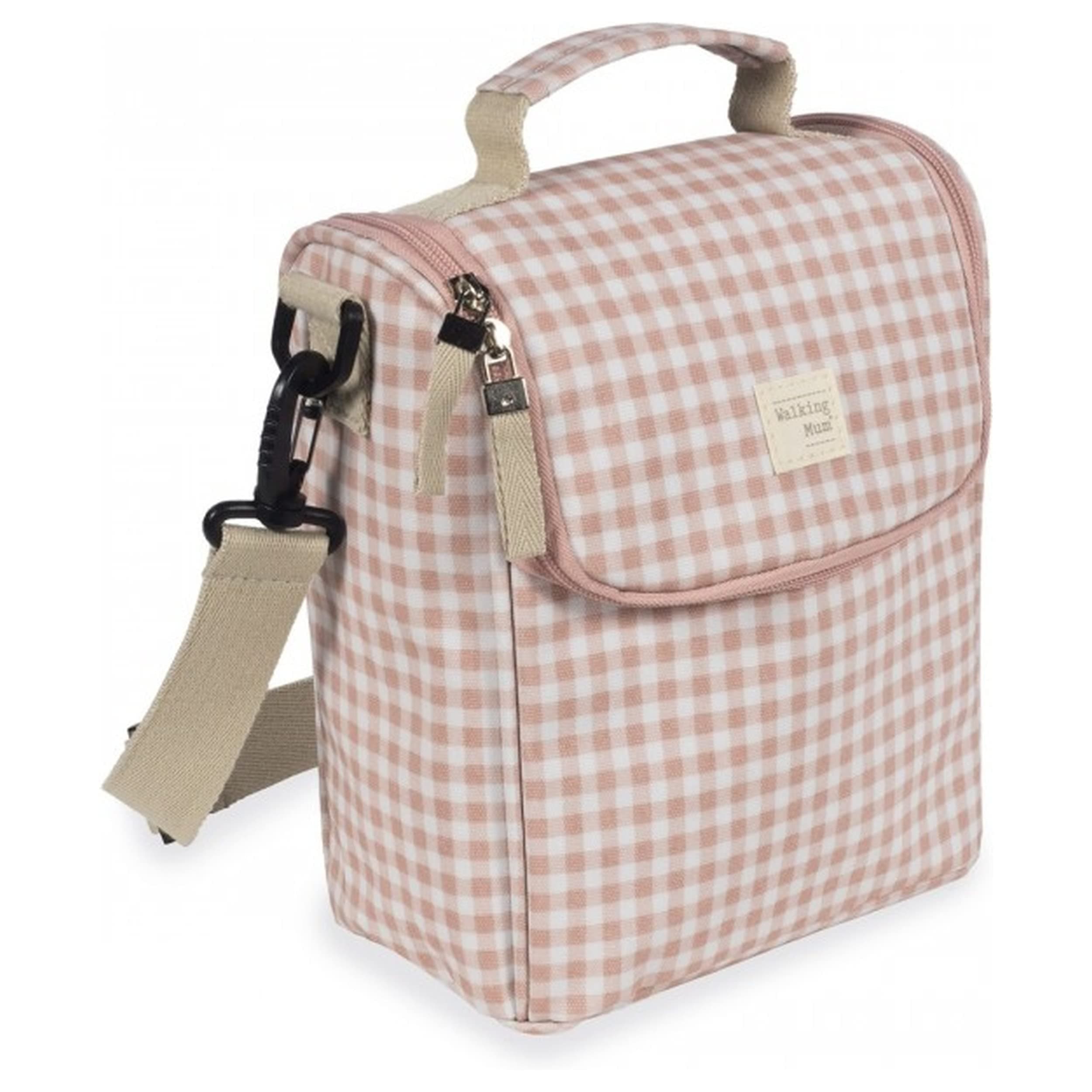 Walking Mumi Love Vichy Isothermal Bag for Baby Food, Large Capacity, Versatile Design with Short Handle and Shoulder Strap, Pink Measures 26 x 23 x 12 cm.