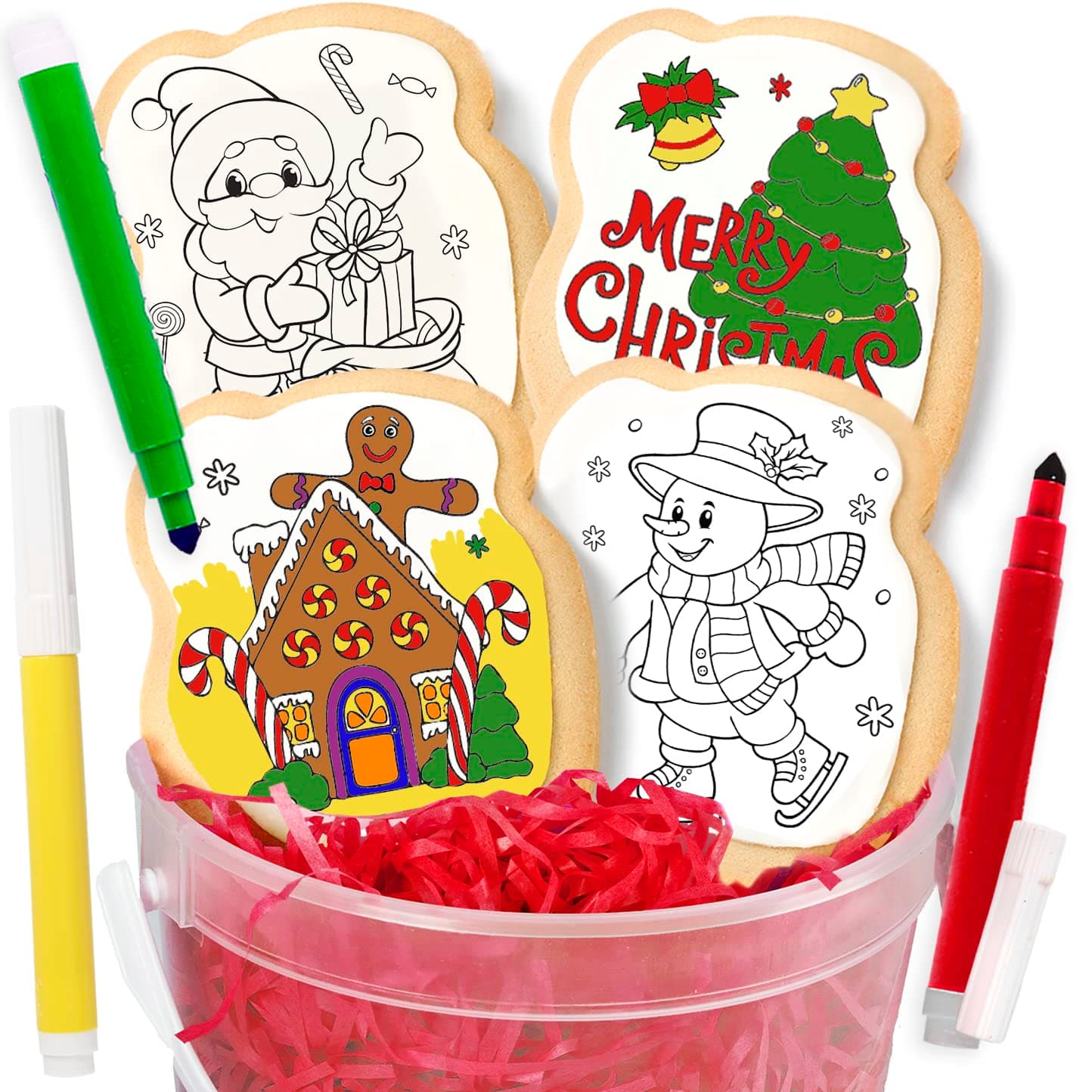 Christmas Cookie Kit Gift For Kids Decorating | 4 Jumbo Cookies + 3 Edible Markers | Holiday Coloring Activity