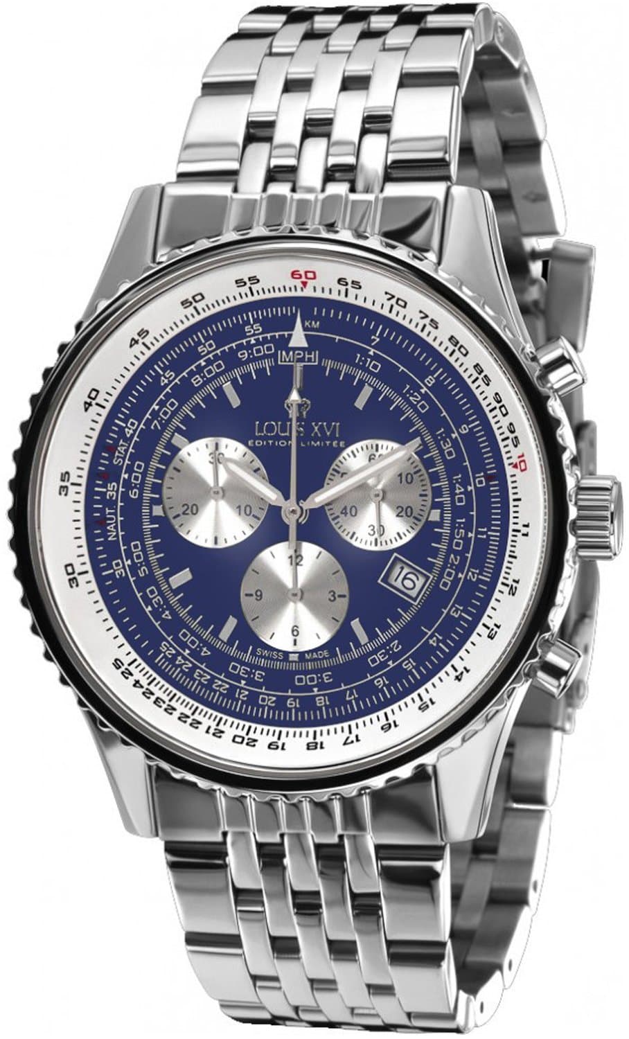 LOUIS XVI Men's Watch Artagnan Stainless Steel Bracelet Silver with Blue Dial Chronograph Analogue Quartz 581