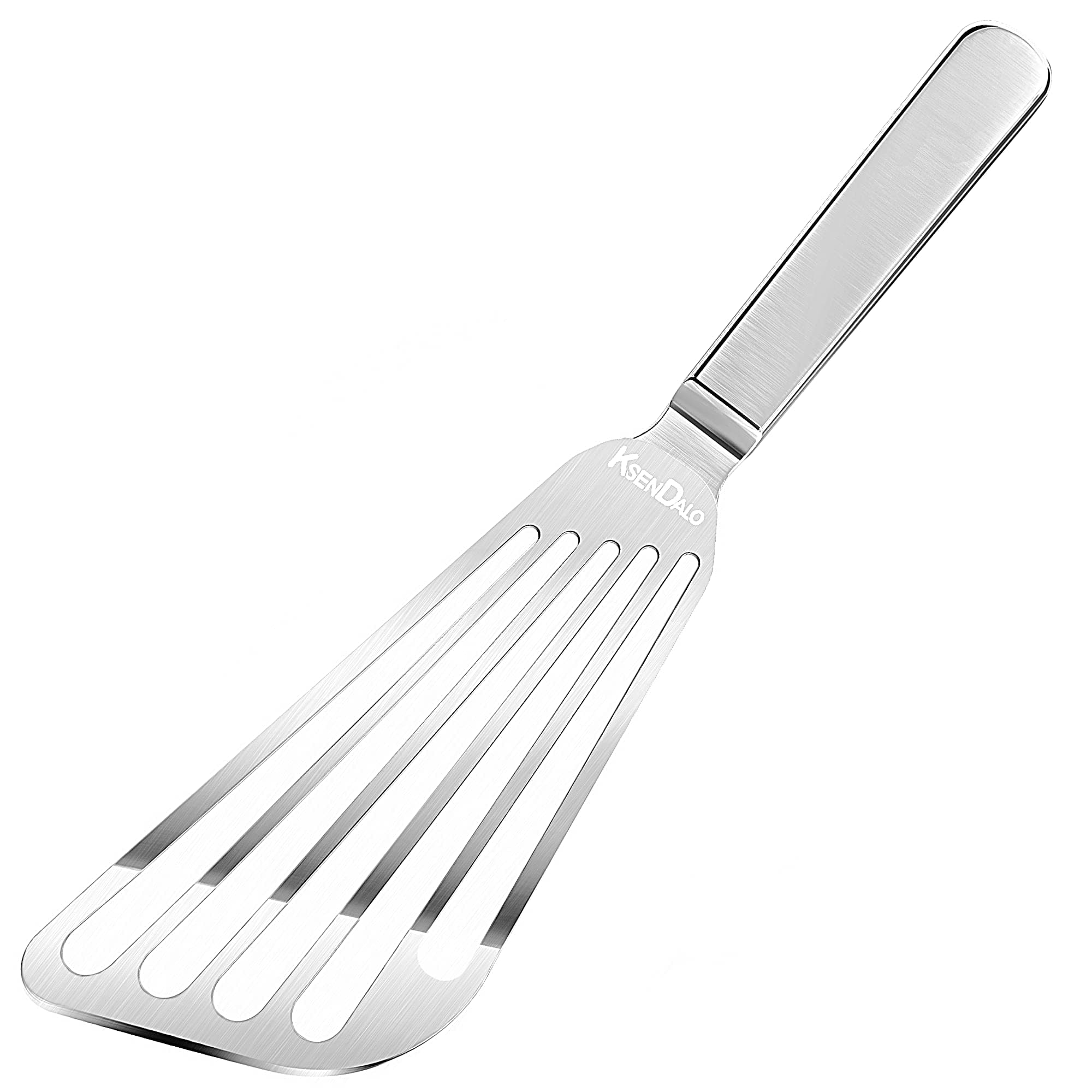 KSENDALO Thin Fish Spatula Stainless Steel -Flexible Slotted Egg Flipper with Angled Blade & Comfortable Hollow Grip, Metal Turner for Fish Egg Omelettes Pancakes, All Cookware, Dishwasher Safe
