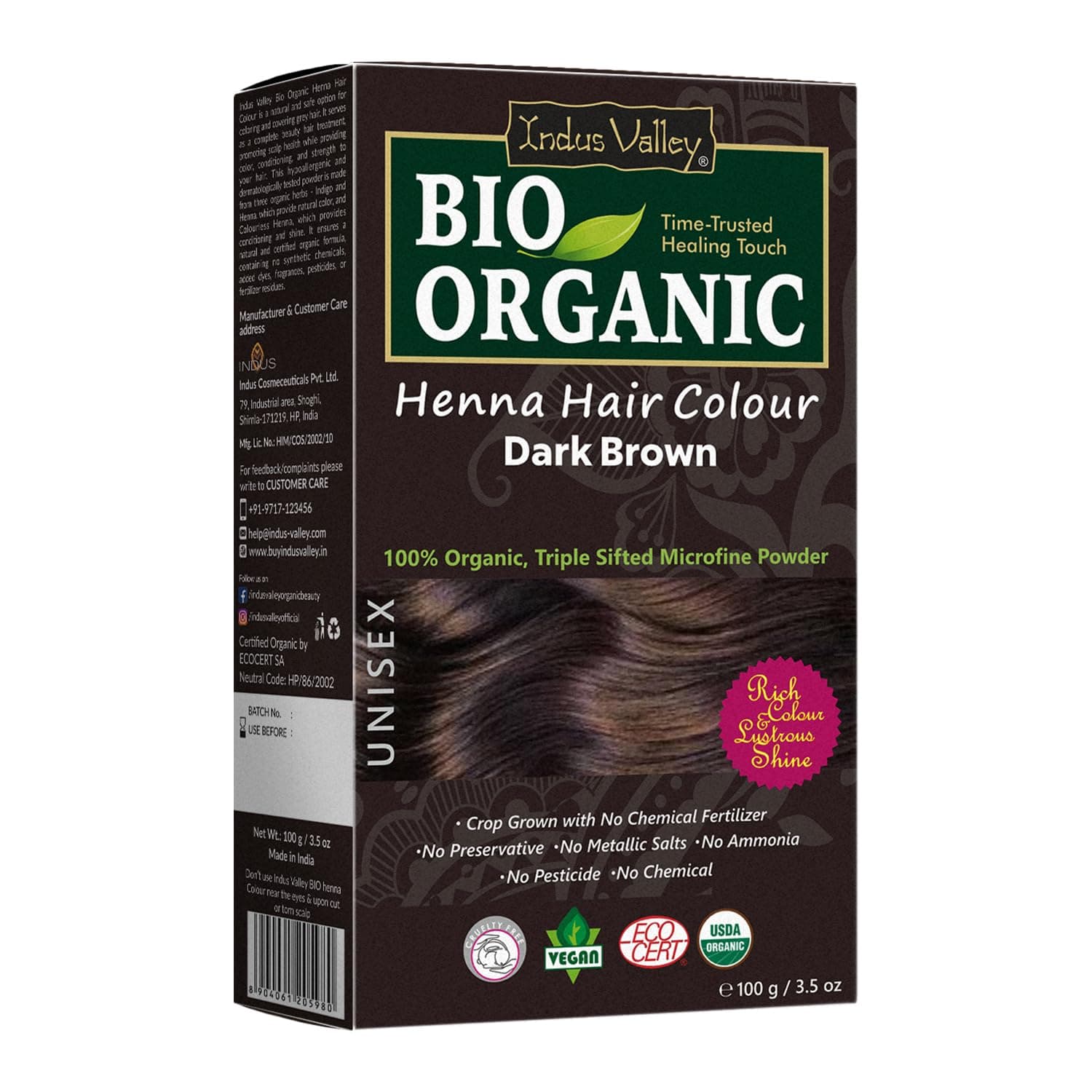 100% Organic Henna Hair Color Dark Brown Nourishes and Moisturizes Hairs Triple Sifted Microfine Powder (100g)