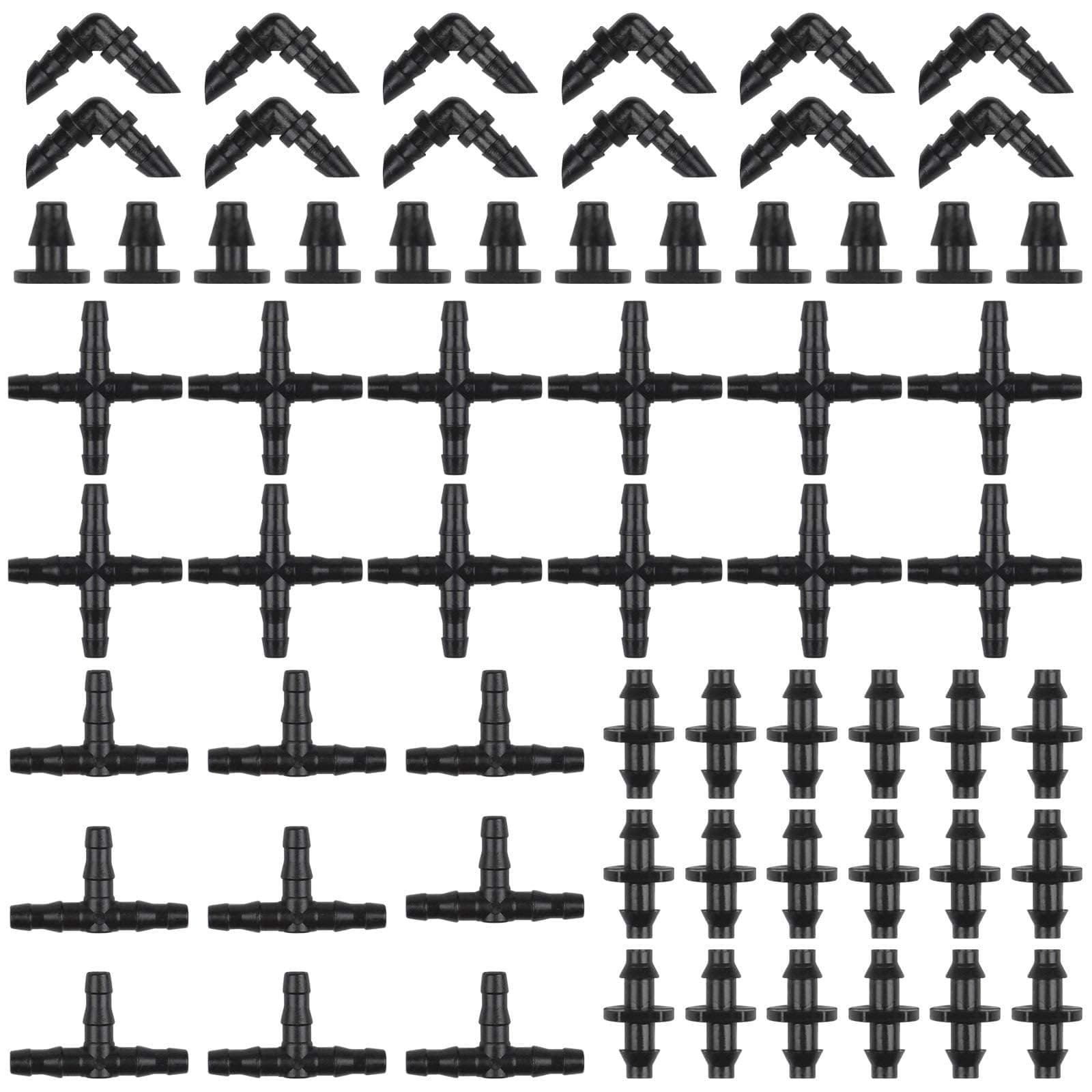 Kalolary 300Pcs Irrigation Fittings Kit, Drip Irrigation Kit Barbed Connectors for 1/4 Inch Flower Lawn Garden Irrigation System Kit (Straight Barbs, Tees, Elbows, End Plug, 4-Way Coupling)