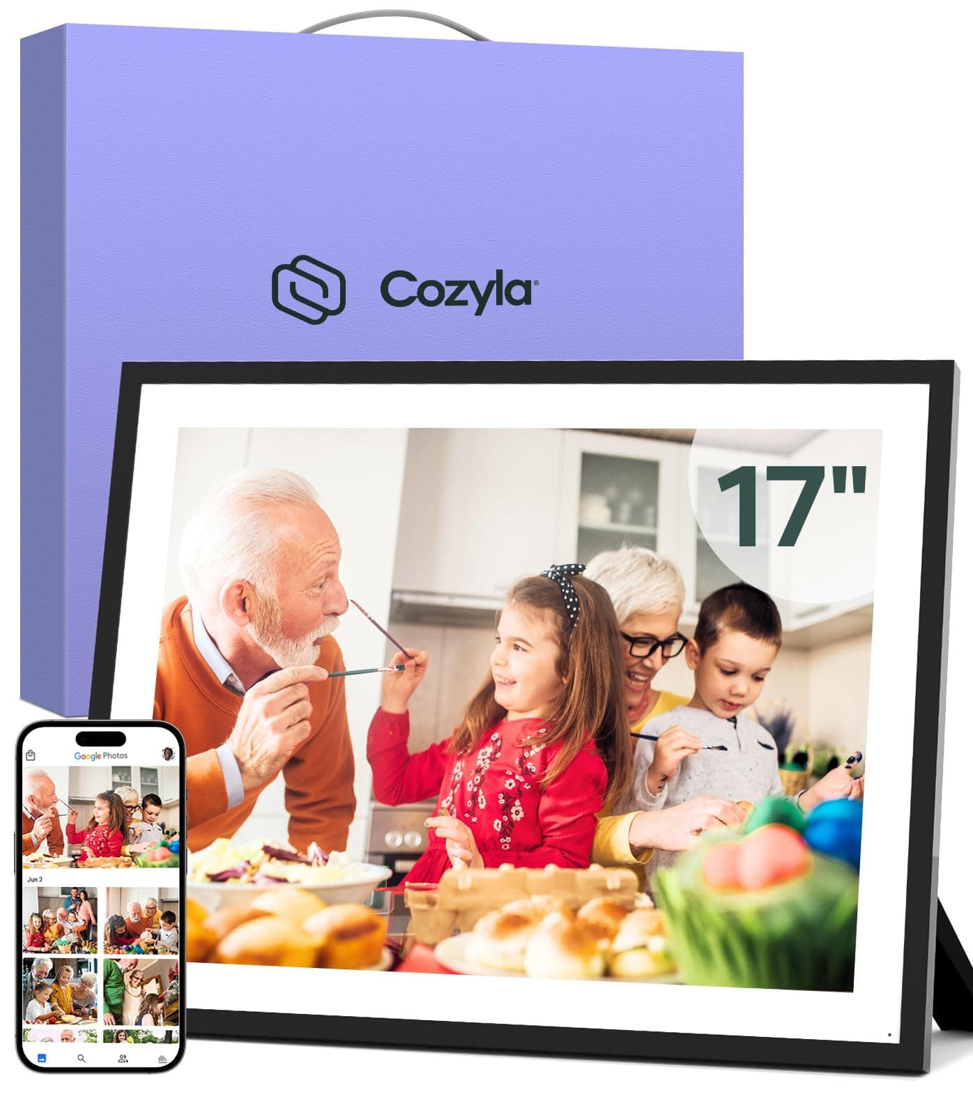 Cozyla 17'' Large Digital Picture Frame WiFi AI-Enhanced Free Unlimited Storage Wall Mount Share Photo＆Video via Apps Smart Digital Photo Frame Electric Picture Frame Slideshow Display Mat
