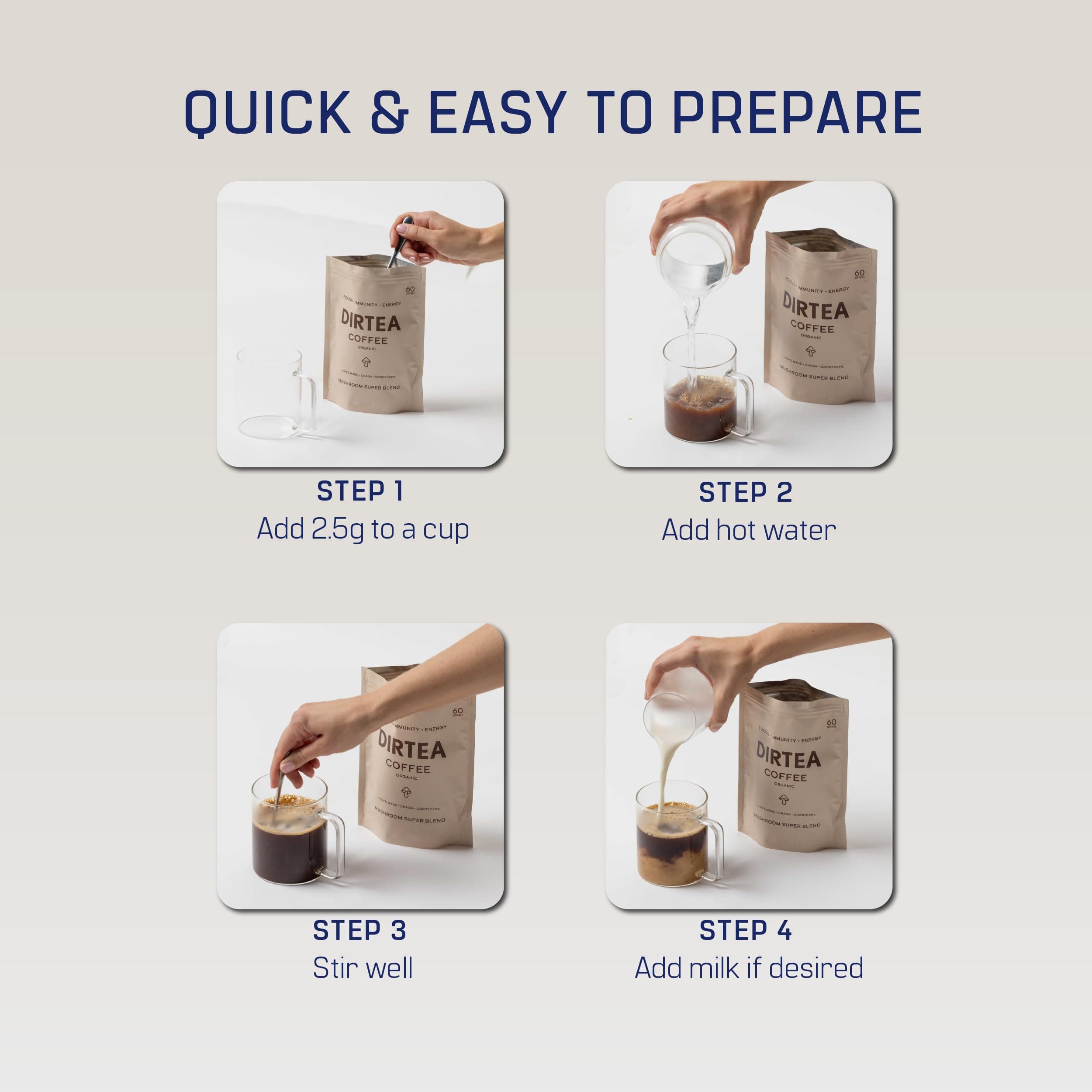 DIRTEA Mushroom Coffee Blend Instant Coffee | 100% Roasted Arabica | Organic Coffee with Lion's Mane, Chaga and Tremella, Maca & Ashwagandha | For Energy, Focus and Immunity | 150g - 60 Servings