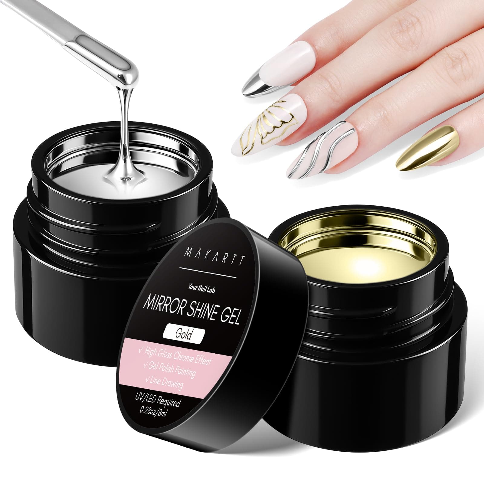 Makartt Chrome Gel Nail Polish Set: Metallic Gel Nail Polish, Silver and Gold 3D Metal Painting Gel for Nail Art Soak off UV/LED Glossy Mirror Effect Nail Gel for Home Salon DIY Manicure(2pcs)