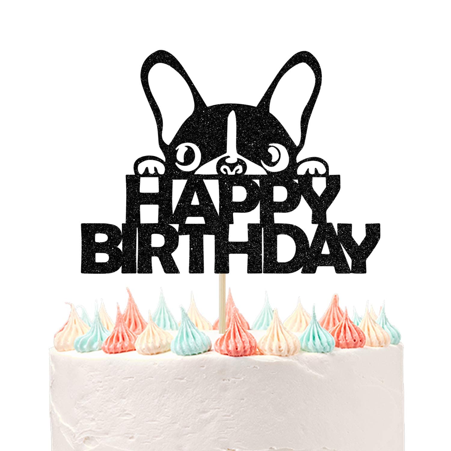 Happy Birthday Dog Cake Topper, Dog Birthday Theme Picks for Pet Party Decorations Supplies Black Glitter.