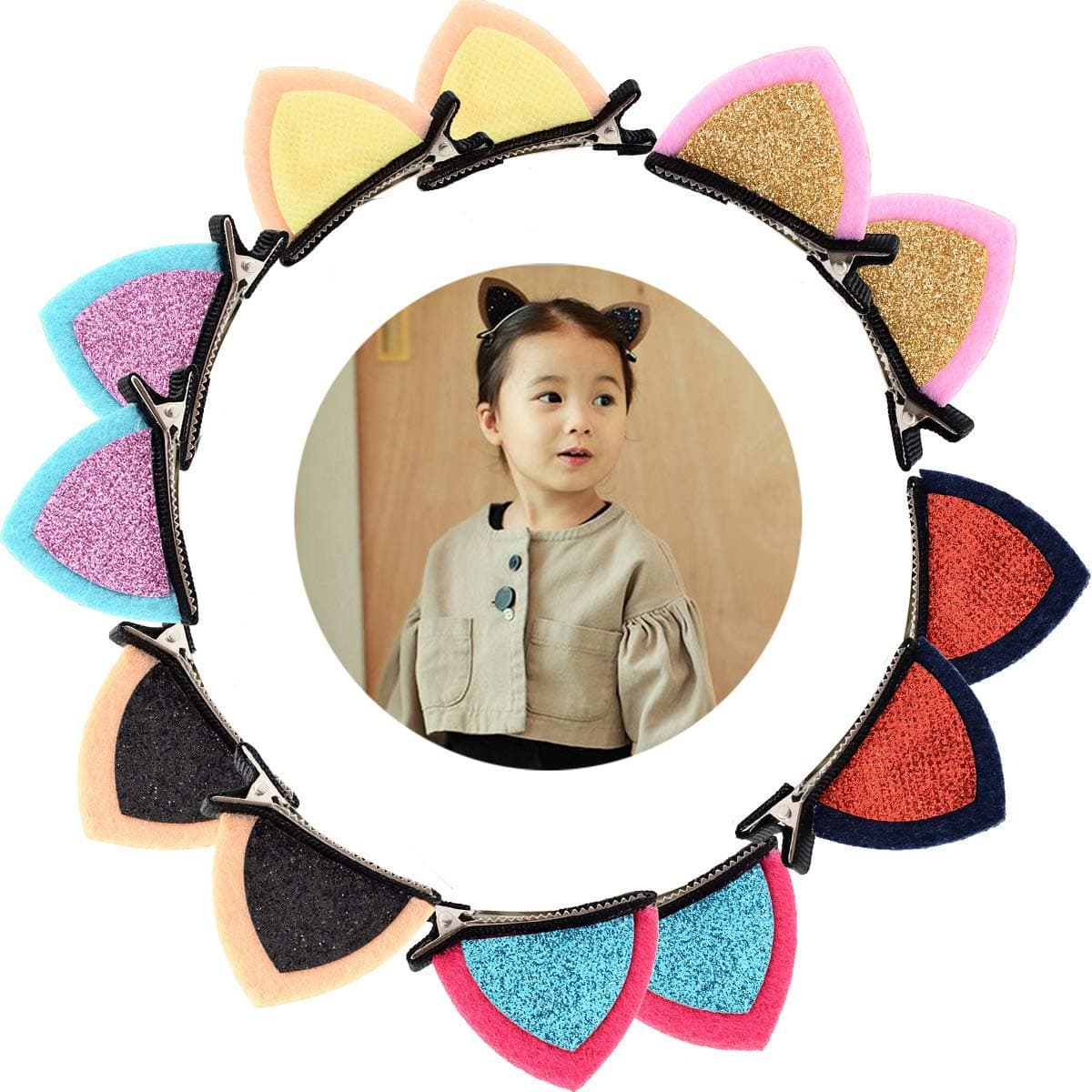 ThEast Valentines Cat Ears Hair Clips, Cute Glitter Sparkly Cat Ear Hair Pins, Animal Barrettes for Girls, Loveliness Valentines Day Gifts Party Decoration (6pair)