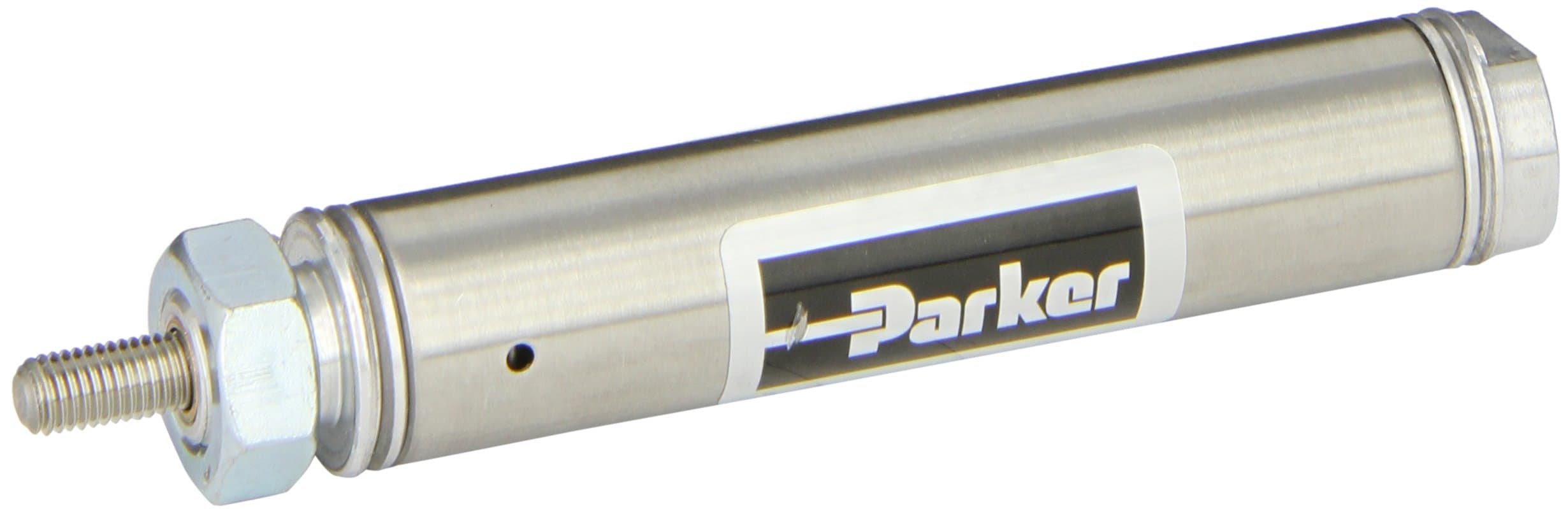 Parker .75NSR01.5 Stainless Steel Air Cylinder, Round Body, Single Acting, Spring Return, Nose Mount, Non-cushioned, 3/4 inches Bore, 1-1/2 inches Stroke, 1/4 inches Rod OD, 1/8" NPT Port