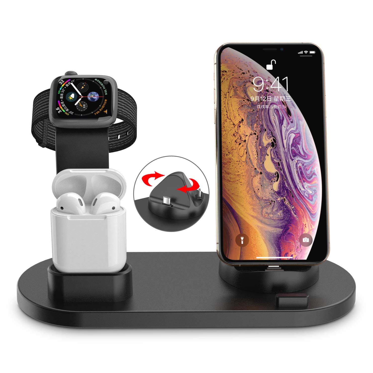 Charging Station for iPhone Apple Watch Charger Stand with iPhone Stand Airpods Charging Dock Stand for iPhone X/XS/XR/8/7/6s/Plus iWatch 4/3/2/1 (Black Plastic)