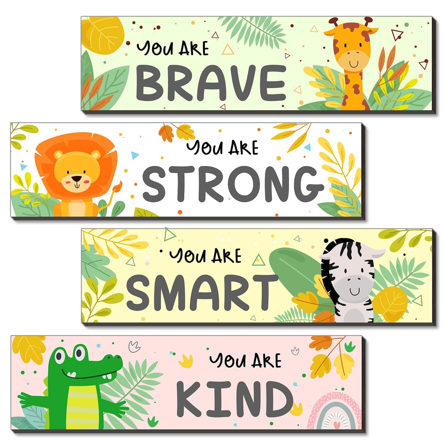 UBLURO Jungle Animals Wall Art Decors - Motivational Wall Art，Jungle Animals Wooden Hanging Wall Prints Plaques，Nursery and playroom Decor -Set of 4