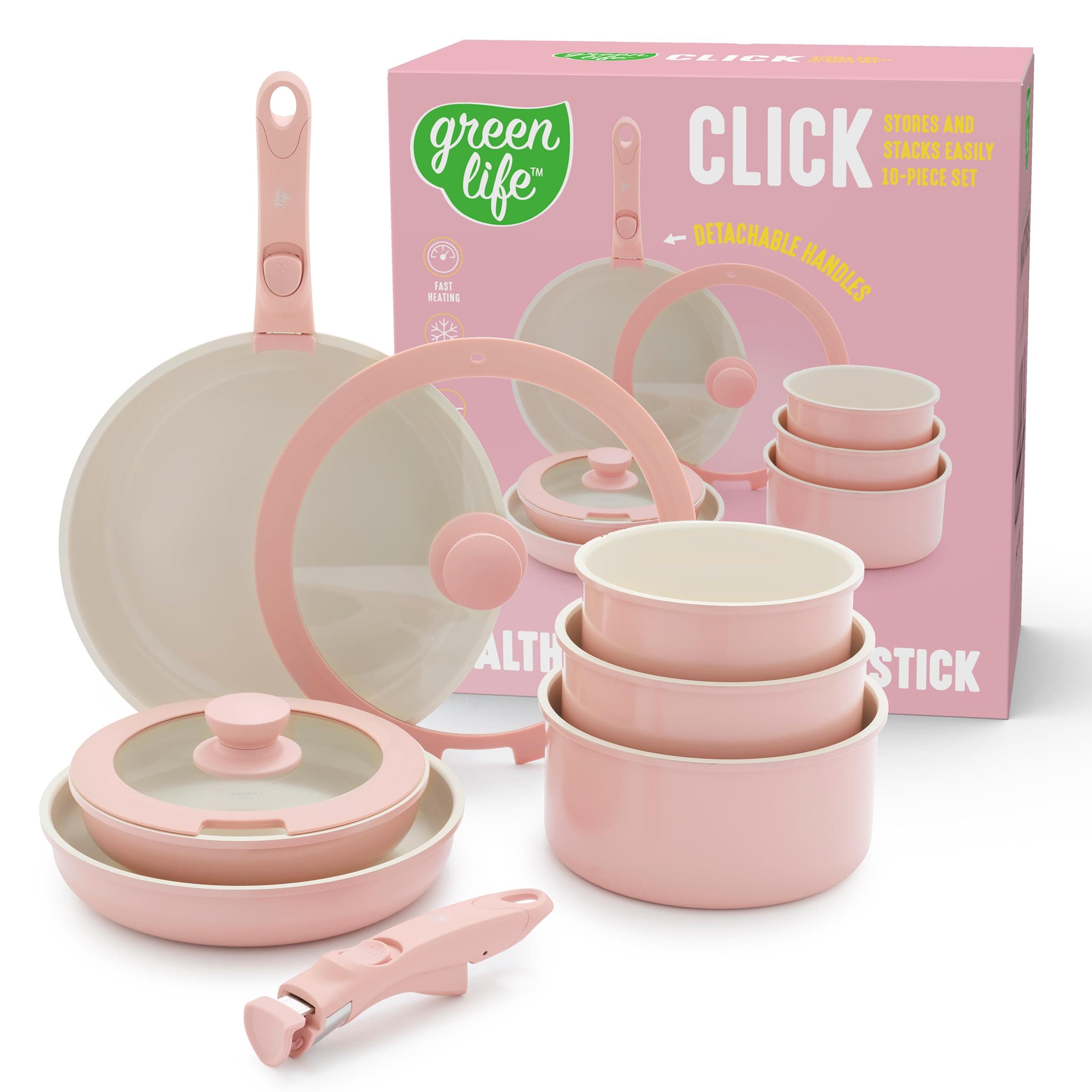 Click 10-Piece Ceramic Nonstick Cookware Set, Detachable Handle, Stackable Space Saving Kitchen Essential, Non Toxic PFAS-Free Pots & Pans, Induction & Oven Safe, Glass Lid, Light Pink