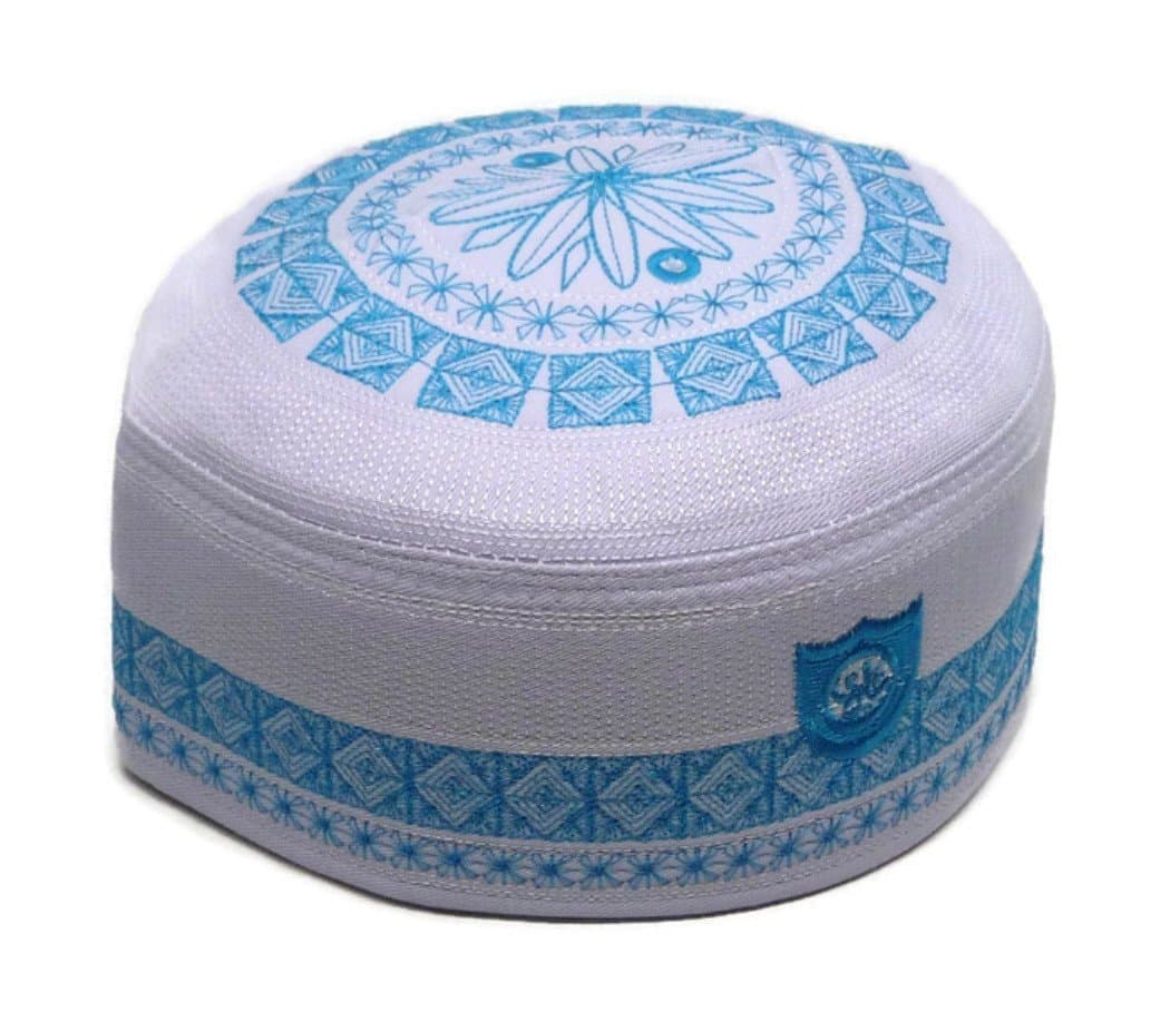 ALW009 Muslim Kufi Hat Prayer Cap Headware Islamic Skull Cap Ramadan Eid Gift (23 inch (Men), White/Blue)