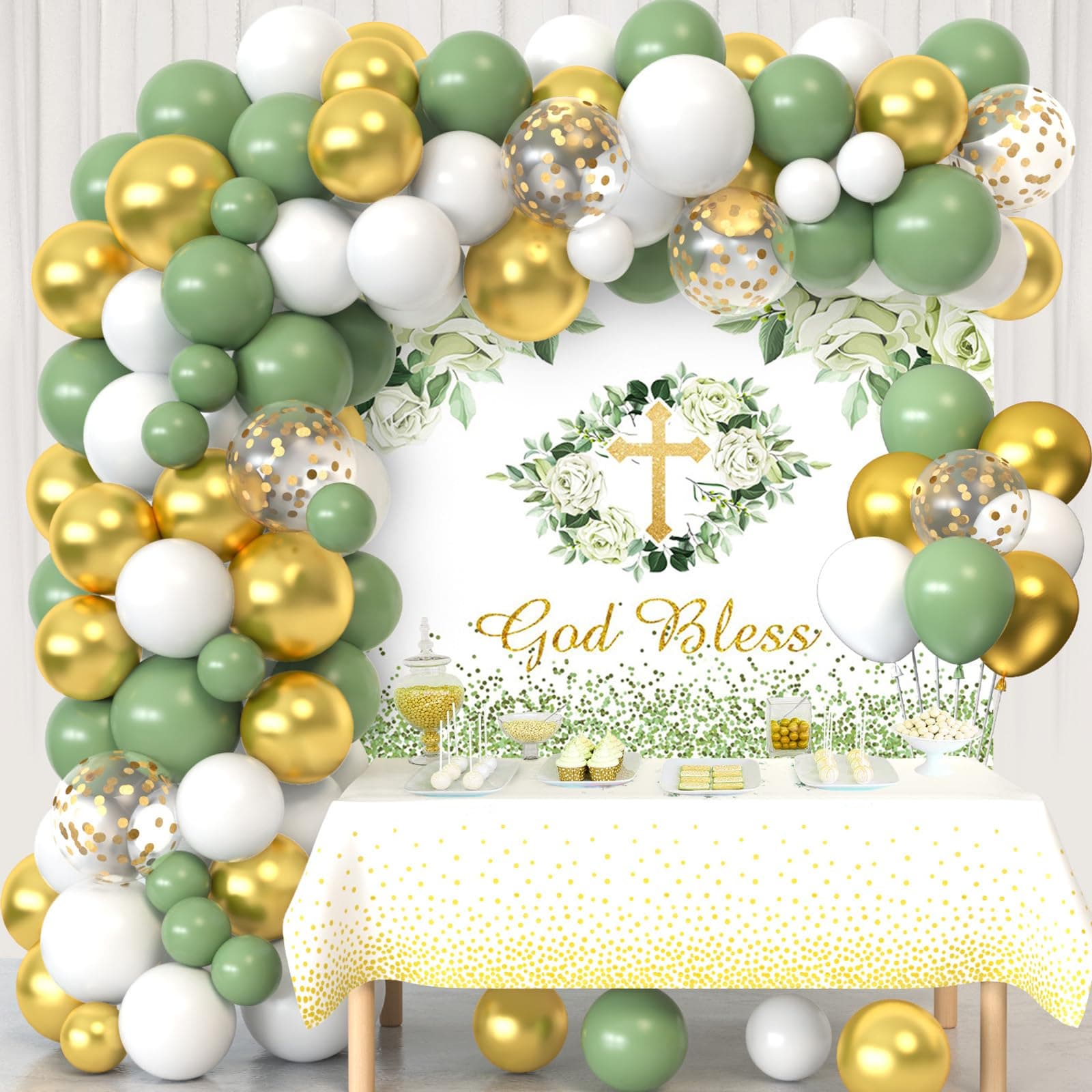 Winrayk Baptism Decorations First Communion Confirmation Decor Boys Girls, Sage Green Balloon Garland Arch & God Bless Backdrop Tablecloth, First Holy Primera Comunion Decoracion Mi Bautizo Decoration