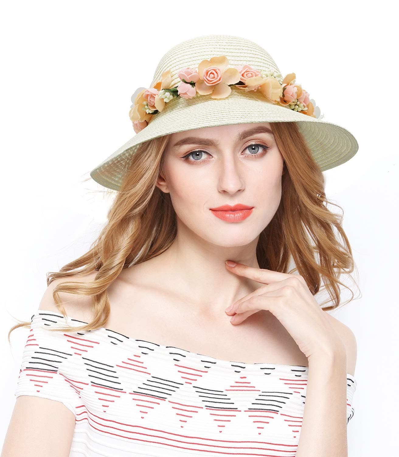 LovfulFashion Flower Lace Ribbon Wide Brim Caps Summer Beach Sun Protective Hat Straw Hats for Women