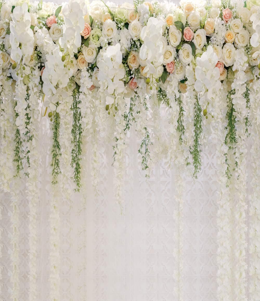HUAYI 8x9.5ft Bridal shower White Flower Backdrop Curtain Floral flower Wedding Party Background Photo Backdrop for wedding reception Xt-6749