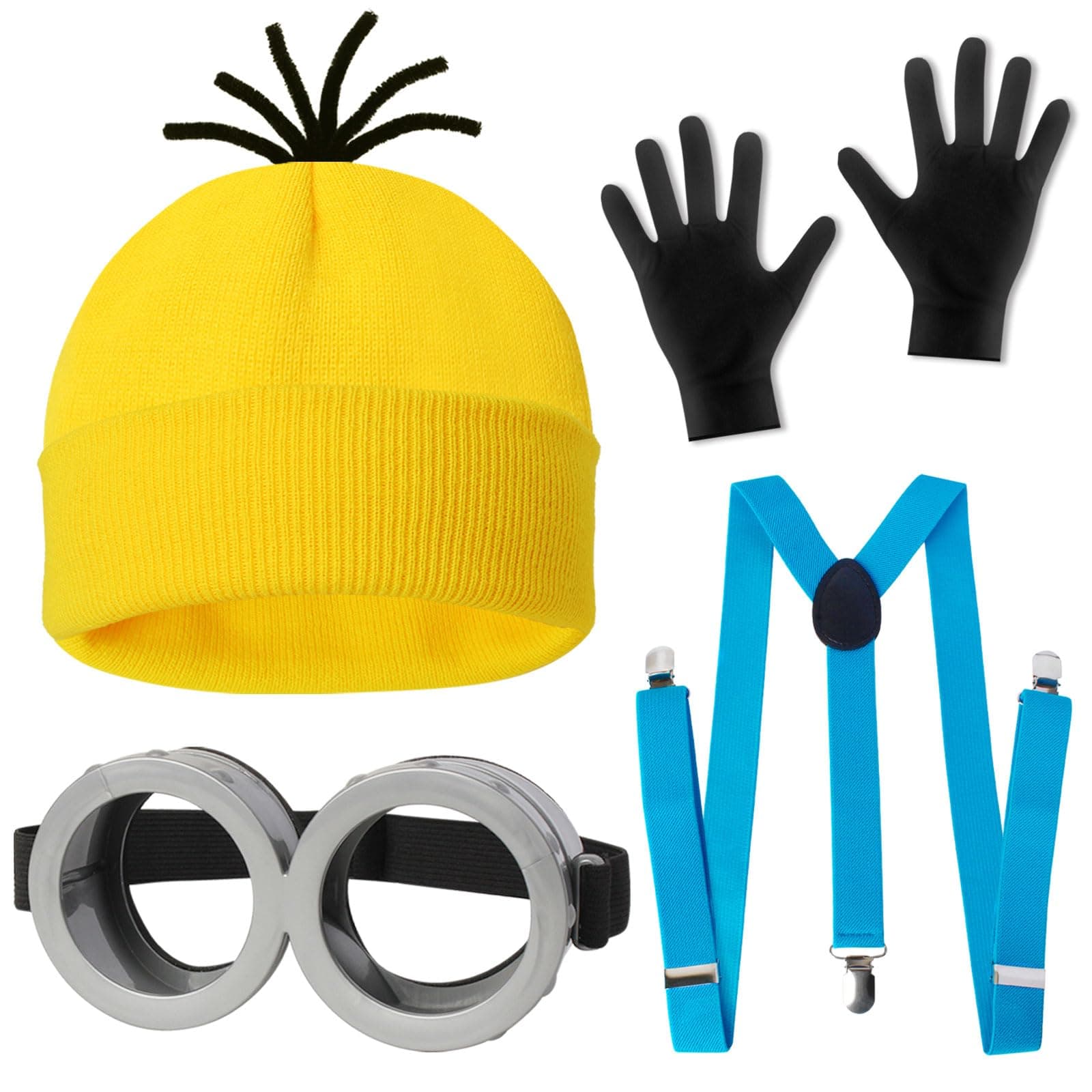 4 Pcs Halloween Costume Accessories Adults-Yellow Beanie Hat/Goggles/Gloves/Suspenders for Halloween Dress Up