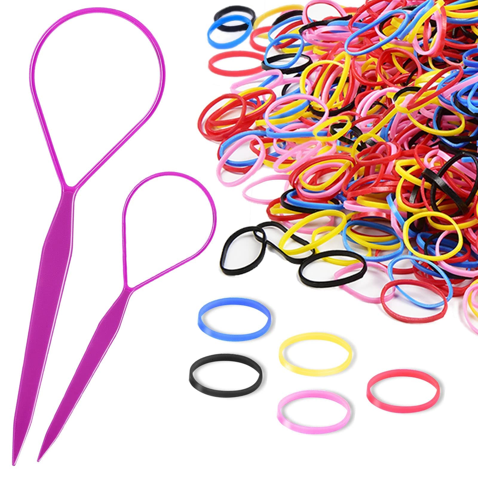 1000Pcs Hair Rubber Bands, IKOCO 2Pcs Topsy Tail Hair Tools and Colorful Elastic Rubber Bands for Girls with Rat Tail Comb
