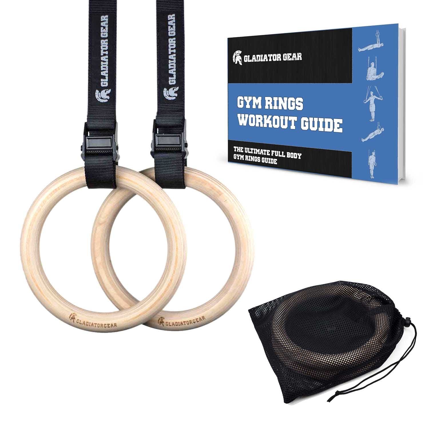 Gladiator Gear Wooden Gymnastic Rings with BONUS Workout E-Guide | Premium Olympic 'FIG' Size Gym Rings (28mm) | Fully Adjustable Strong Straps | Holds 250KG | For Gymnastics