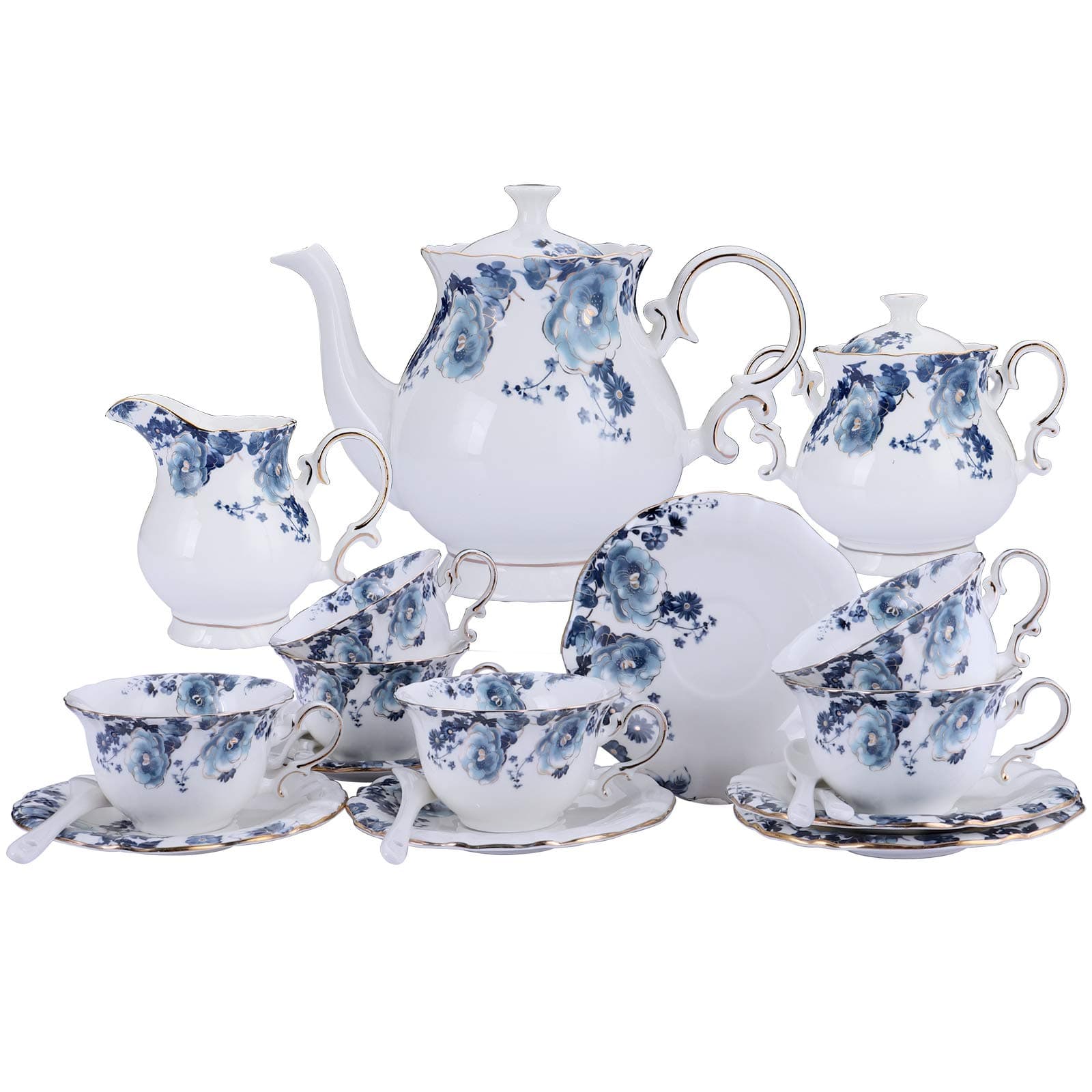 fanquare 21 Pieces Blue Rose British Afternoon Tea Set, Romantic Wedding Birthday Gift Tea Set, Porcelain Coffee Set for Adults