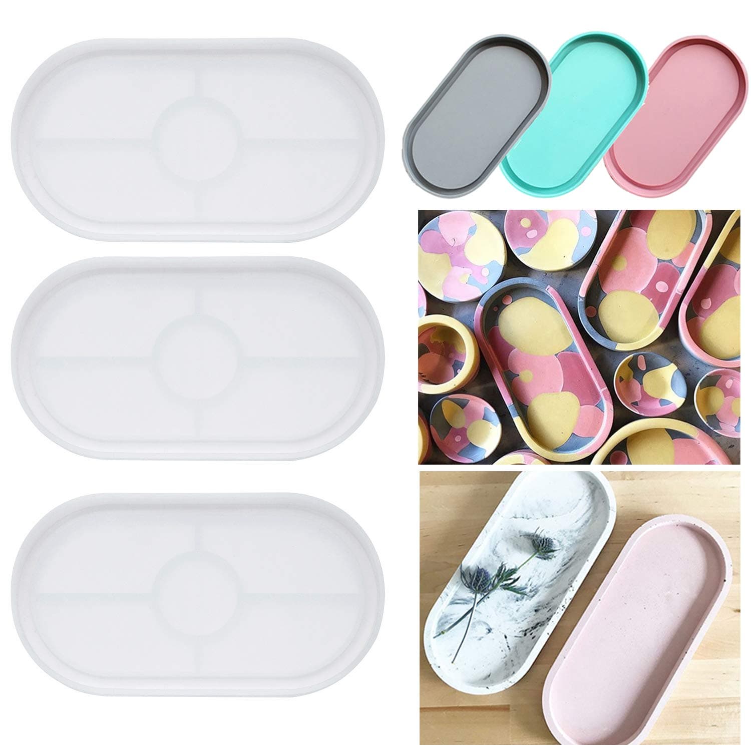 3 Pack Resin Tray Mold, Oval Coaster Epoxy Resin Casting Mould DIY Jewelry Tray Dishes for Craft Jewelry Storage Office Home Decoration