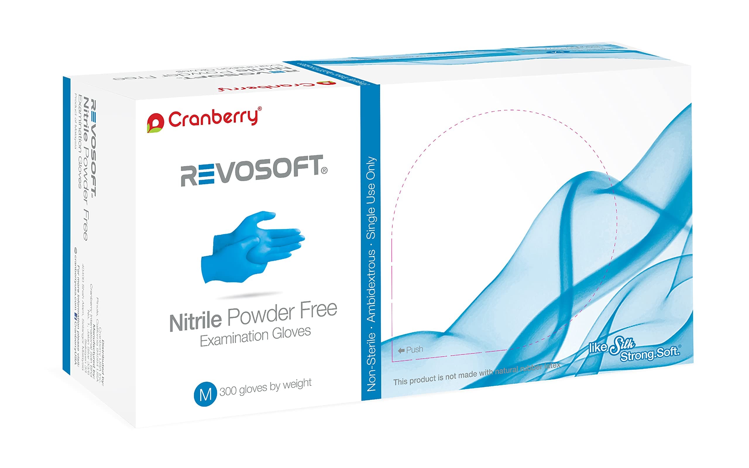 Cranberry USA CR3277 RevoSoft Nitrile Powder Free Exam Gloves, Disposable, 2.8 mil, Blue, Medium (Pack of 300)
