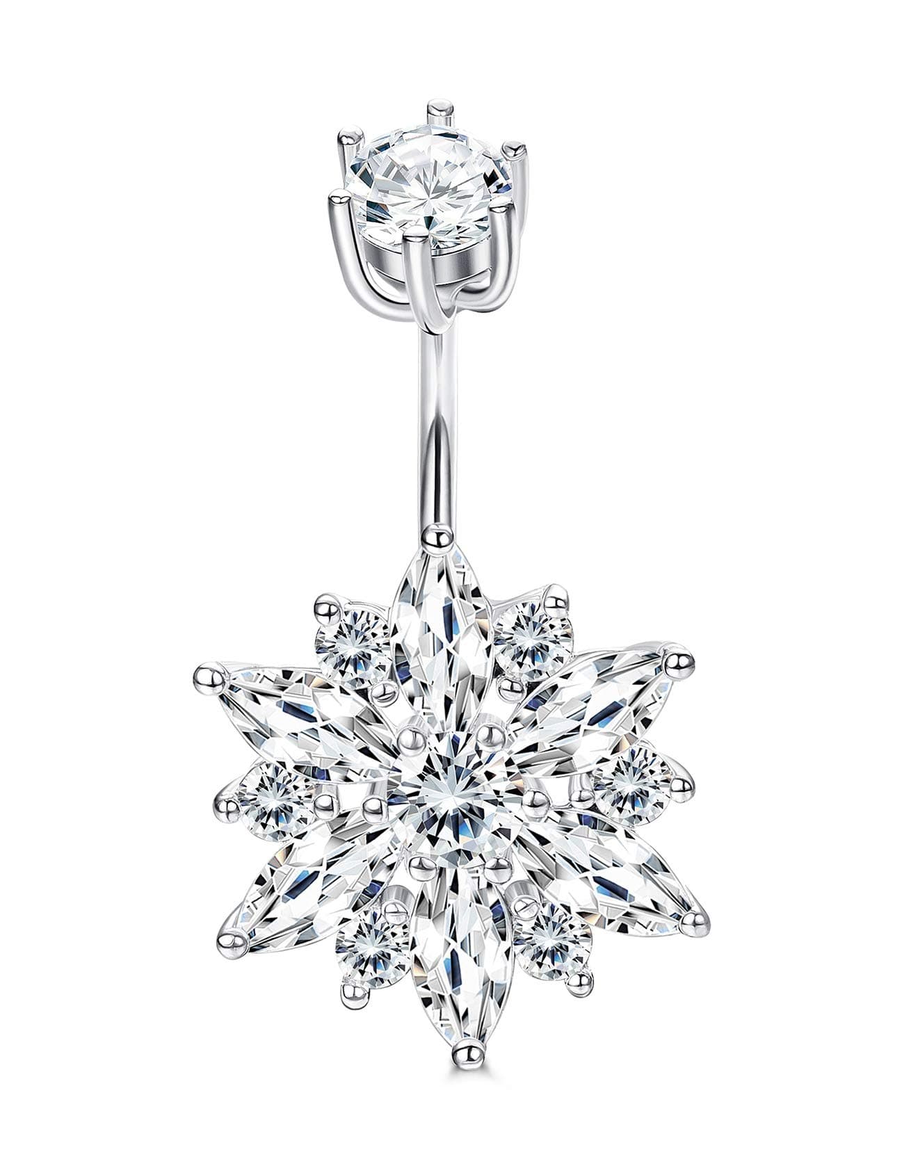 Sllaiss 925 Sterling Silver Snowflake Belly Ring for Women Plated White Gold Zirconia Rings CZ Button Ring Body Navel Piercing Jewelry Gift Hypoallergenic